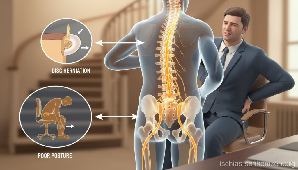 A detailed illustration of sciatic nerve irritation causes, depicting a human figure in professional business attire, seated with a pained expression, holding their lower back. The foreground features a well-lit, anatomically accurate representation of the human spine and sciatic nerve highlighted. In the middle ground, include visual elements like a diagram of potential causes, such as disc herniation and poor posture, represented with labels or arrows. The background should be softly blurred, showing a staircase to hint at the article subject, with warm, comforting lighting to create a relatable atmosphere. The overall mood should convey a sense of concern and awareness about the condition. The branding “ischias-schmerzen.org” should be subtly incorporated into the design without being distracting. A detailed illustration of sciatic nerve irritation causes, depicting a human figure in professional business attire, seated with a pained expression, holding their lower back. The foreground features a well-lit, anatomically accurate representation of the human spine and sciatic nerve highlighted. In the middle ground, include visual elements like a diagram of potential causes, such as disc herniation and poor posture, represented with labels or arrows. The background should be softly blurred, showing a staircase to hint at the article subject, with warm, comforting lighting to create a relatable atmosphere. The overall mood should convey a sense of concern and awareness about the condition. The branding “ischias-schmerzen.org” should be subtly incorporated into the design without being distracting.