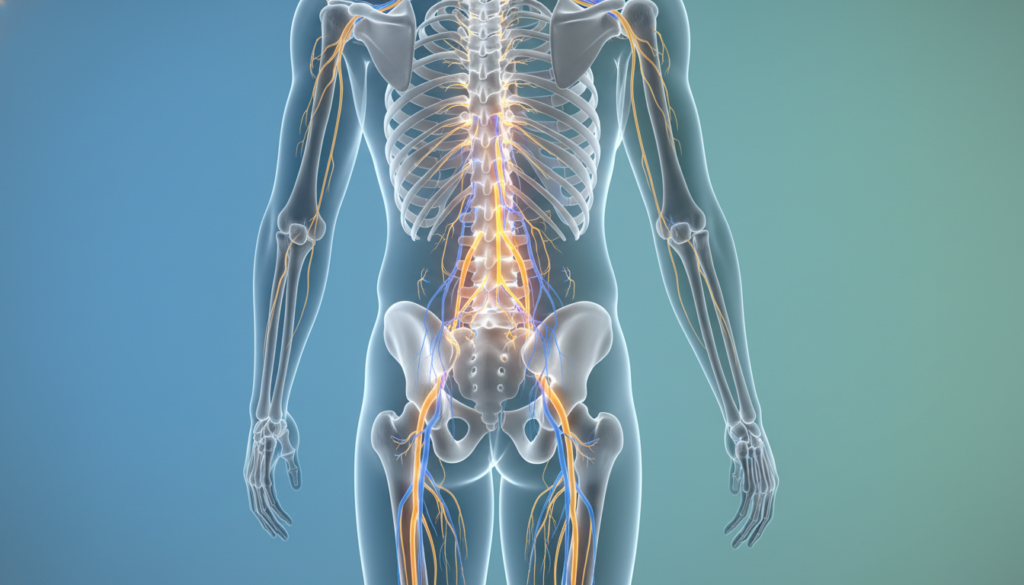 A detailed illustration of the Verlauf Ischiasnerv and Nervenwurzeln intertwined within a human body silhouette, depicting the sciatic nerve. In the foreground, highlight a vibrant representation of the nerve pathways with illuminating colors, showcasing their intricate structure. In the middle, feature a translucent view of the lower spine, with the lumbar region clearly outlined to emphasize connection points. The background should be a soft gradient of calming blues and greens, symbolizing healing and relief. Use soft, diffused lighting to create a serene atmosphere, while capturing the essence of medical professionalism. The image should be suitable for educational purposes on ischialgia. No text, logos, or watermarks, but ensure the brand "ischias-schmerzen.org" is subtly implied through the professional presentation of the anatomical art. A detailed illustration of the Verlauf Ischiasnerv and Nervenwurzeln intertwined within a human body silhouette, depicting the sciatic nerve. In the foreground, highlight a vibrant representation of the nerve pathways with illuminating colors, showcasing their intricate structure. In the middle, feature a translucent view of the lower spine, with the lumbar region clearly outlined to emphasize connection points. The background should be a soft gradient of calming blues and greens, symbolizing healing and relief. Use soft, diffused lighting to create a serene atmosphere, while capturing the essence of medical professionalism. The image should be suitable for educational purposes on ischialgia. No text, logos, or watermarks, but ensure the brand "ischias-schmerzen.org" is subtly implied through the professional presentation of the anatomical art.