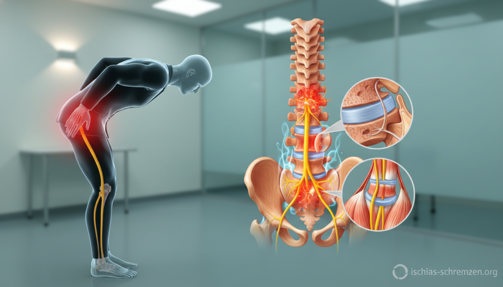 A detailed illustration of the causes of sciatica pain, focusing on compression and irritation. In the foreground, a human silhouette in professional attire demonstrates a bending posture, indicating the strain on the lower back. The middle layer shows anatomical diagrams of the spine and nerve pathways, highlighting areas of compression and inflammation with vivid colors and clear labels. The background features a calming, clinical setting with soft lighting that creates a contemplative atmosphere, emphasizing the seriousness of sciatica pain. The overall composition should be informative yet visually engaging, without any text or distractions. The brand name "ischias-schmerzen.org" should be subtly integrated into the design. A detailed illustration of the causes of sciatica pain, focusing on compression and irritation. In the foreground, a human silhouette in professional attire demonstrates a bending posture, indicating the strain on the lower back. The middle layer shows anatomical diagrams of the spine and nerve pathways, highlighting areas of compression and inflammation with vivid colors and clear labels. The background features a calming, clinical setting with soft lighting that creates a contemplative atmosphere, emphasizing the seriousness of sciatica pain. The overall composition should be informative yet visually engaging, without any text or distractions. The brand name "ischias-schmerzen.org" should be subtly integrated into the design.