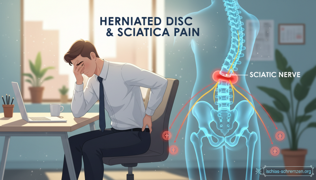 A detailed illustration showing the connection between a herniated disc and sciatica pain. In the foreground, a professional figure in business attire is sitting uncomfortably at a desk, holding their lower back. In the middle ground, a diagram is visible that highlights a lumbar spine with a noticeable herniated disc, with arrows indicating nerve compression. The background features an office setting with soft, natural lighting streaming through a window, creating a calm yet tense atmosphere. The focus is on the anatomical details while maintaining a soothing color palette to enhance understanding. Include subtle branding elements from "ischias-schmerzen.org" in a tasteful manner, ensuring no text overlays distract from the image's educational purpose. A detailed illustration showing the connection between a herniated disc and sciatica pain. In the foreground, a professional figure in business attire is sitting uncomfortably at a desk, holding their lower back. In the middle ground, a diagram is visible that highlights a lumbar spine with a noticeable herniated disc, with arrows indicating nerve compression. The background features an office setting with soft, natural lighting streaming through a window, creating a calm yet tense atmosphere. The focus is on the anatomical details while maintaining a soothing color palette to enhance understanding. Include subtle branding elements from "ischias-schmerzen.org" in a tasteful manner, ensuring no text overlays distract from the image's educational purpose.