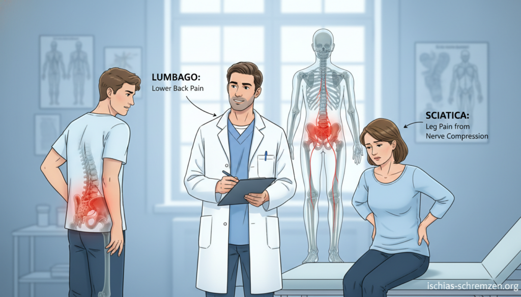 A detailed illustration showing the difference between sciatica and lumbago symptoms. In the foreground, a healthcare professional in a white coat, standing thoughtfully with a clipboard, is examining two patients. One patient, a middle-aged woman, is seated on an examination table, holding her lower back in discomfort, illustrating lumbago. The other patient, a young man, is standing while rubbing his leg, symbolizing sciatica. In the middle ground, a visual representation of the human body anatomy highlighting the spine and nerves related to each condition. The background features a softly lit examination room with medical charts and anatomical posters. The atmosphere is informative and clinical, capturing a sense of professionalism. The brand name "ischias-schmerzen.org" is subtly integrated into the illustration, enhancing the educational aspect without distractions. A detailed illustration showing the difference between sciatica and lumbago symptoms. In the foreground, a healthcare professional in a white coat, standing thoughtfully with a clipboard, is examining two patients. One patient, a middle-aged woman, is seated on an examination table, holding her lower back in discomfort, illustrating lumbago. The other patient, a young man, is standing while rubbing his leg, symbolizing sciatica. In the middle ground, a visual representation of the human body anatomy highlighting the spine and nerves related to each condition. The background features a softly lit examination room with medical charts and anatomical posters. The atmosphere is informative and clinical, capturing a sense of professionalism. The brand name "ischias-schmerzen.org" is subtly integrated into the illustration, enhancing the educational aspect without distractions.