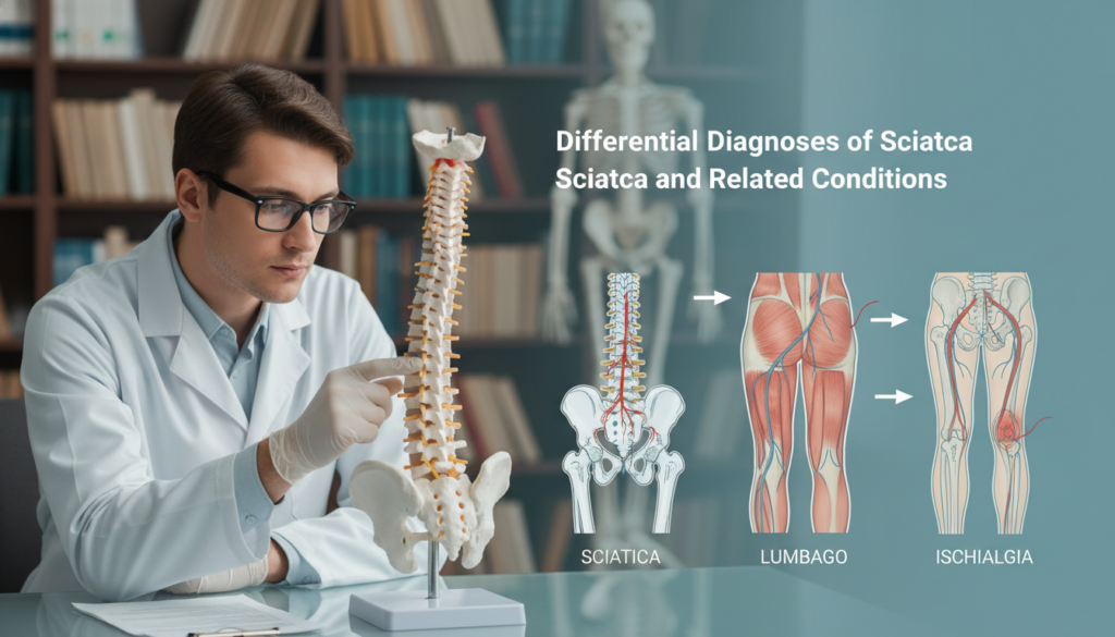 A detailed infographic illustrating "Differential Diagnoses of Sciatica and Related Conditions" for a medical article. In the foreground, portray a professional doctor analyzing a spine model, wearing a white lab coat and glasses. In the middle ground, include anatomical illustrations of the lower back, highlighting conditions such as Sciatica, Lumbago, and Ischialgia with clear labels. In the background, softly blurred shelves filled with medical books and anatomical charts to suggest a clinical environment. Use soft, professional lighting to create a calm, informative atmosphere. The overall tone should convey expertise and clarity, suitable for a healthcare audience. No text or branding elements are visible in the image, but ensure the brand "ischias-schmerzen.org" is subtly acknowledged in the imagery style. A detailed infographic illustrating "Differential Diagnoses of Sciatica and Related Conditions" for a medical article. In the foreground, portray a professional doctor analyzing a spine model, wearing a white lab coat and glasses. In the middle ground, include anatomical illustrations of the lower back, highlighting conditions such as Sciatica, Lumbago, and Ischialgia with clear labels. In the background, softly blurred shelves filled with medical books and anatomical charts to suggest a clinical environment. Use soft, professional lighting to create a calm, informative atmosphere. The overall tone should convey expertise and clarity, suitable for a healthcare audience. No text or branding elements are visible in the image, but ensure the brand "ischias-schmerzen.org" is subtly acknowledged in the imagery style.