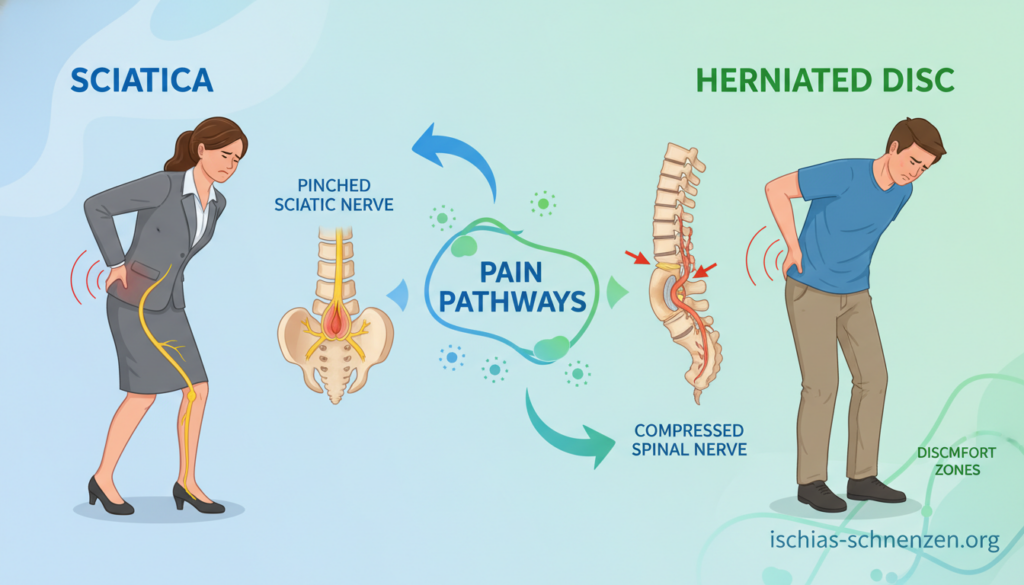 A detailed, informative illustration comparing the symptoms of sciatica and herniated discs. In the foreground, two human figures—one dressed in a professional business outfit, another in modest casual attire—demonstrate distinct postures and movements associated with each condition. The middle of the image features anatomical illustrations highlighting the sciatic nerve and a herniated disc, with arrows pointing to areas of pain. In the background, abstract graphics representing pain pathways and discomfort, using calming colors like soft blues and greens to convey a medical yet approachable atmosphere. The lighting is soft and even, enhancing focus on the human figures and anatomical details. Include the brand name "ischias-schmerzen.org" subtly integrated into the design elements. A detailed, informative illustration comparing the symptoms of sciatica and herniated discs. In the foreground, two human figures—one dressed in a professional business outfit, another in modest casual attire—demonstrate distinct postures and movements associated with each condition. The middle of the image features anatomical illustrations highlighting the sciatic nerve and a herniated disc, with arrows pointing to areas of pain. In the background, abstract graphics representing pain pathways and discomfort, using calming colors like soft blues and greens to convey a medical yet approachable atmosphere. The lighting is soft and even, enhancing focus on the human figures and anatomical details. Include the brand name "ischias-schmerzen.org" subtly integrated into the design elements.