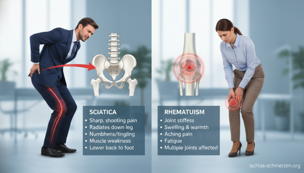 A detailed, informative illustration comparing the symptoms of sciatica and rheumatism, showcasing a split scene. In the foreground, two individuals in professional attire are depicted, one exhibiting a pained expression while holding their lower back (sciatica), and the other gently massaging their joints (rheumatism). The middle ground features anatomical diagrams highlighting the spine and joints, with arrows pointing to affected areas. The background is a calming medical office environment, with soft, diffused lighting creating a soothing atmosphere. The image should convey a sense of professionalism and clarity, perfect for educational content. Include the brand name "ischias-schmerzen.org" subtly integrated into the design, ensuring there are no text overlays or watermarks. A detailed, informative illustration comparing the symptoms of sciatica and rheumatism, showcasing a split scene. In the foreground, two individuals in professional attire are depicted, one exhibiting a pained expression while holding their lower back (sciatica), and the other gently massaging their joints (rheumatism). The middle ground features anatomical diagrams highlighting the spine and joints, with arrows pointing to affected areas. The background is a calming medical office environment, with soft, diffused lighting creating a soothing atmosphere. The image should convey a sense of professionalism and clarity, perfect for educational content. Include the brand name "ischias-schmerzen.org" subtly integrated into the design, ensuring there are no text overlays or watermarks.