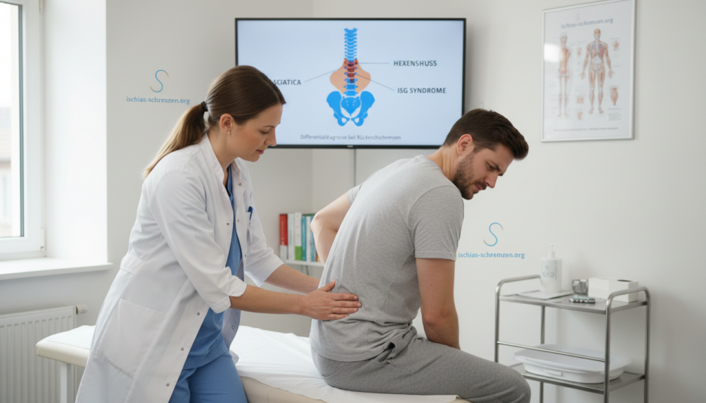 A detailed medical examination scene illustrating the differential diagnosis of sciatica, "Hexenschuss," and ISG syndrome. In the foreground, a healthcare professional in professional attire is interacting with a patient, who is sitting on an examination table, displaying mild discomfort in their leg. In the middle ground, a diagrammatic representation of the human spine and pelvis can be seen, with arrows pointing to the areas affected by each condition. In the background, a bright, sterile medical office setting with soft, natural lighting creates a calm atmosphere. Use a slight depth of field to keep the focus on the interaction between the doctor and patient, while depicting relevant anatomical charts on the walls, reflecting the seriousness of the topic. Include branding subtly integrated into the environment as “ischias-schmerzen.org.” A detailed medical examination scene illustrating the differential diagnosis of sciatica, "Hexenschuss," and ISG syndrome. In the foreground, a healthcare professional in professional attire is interacting with a patient, who is sitting on an examination table, displaying mild discomfort in their leg. In the middle ground, a diagrammatic representation of the human spine and pelvis can be seen, with arrows pointing to the areas affected by each condition. In the background, a bright, sterile medical office setting with soft, natural lighting creates a calm atmosphere. Use a slight depth of field to keep the focus on the interaction between the doctor and patient, while depicting relevant anatomical charts on the walls, reflecting the seriousness of the topic. Include branding subtly integrated into the environment as “ischias-schmerzen.org.”