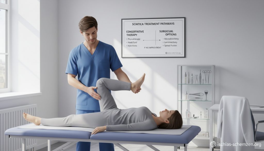 A detailed medical illustration depicting conservative therapy and surgical options for sciatica, focusing on a professional, caring physical therapist demonstrating a physiotherapy technique in a well-lit, modern clinic. The therapist, dressed in scrubs, assists a patient in a modest outfit to perform stretching exercises that relieve ischialgia symptoms. In the middle ground, a medical chart on the wall displays information on treatment pathways. The background features surgical tools and a consultation area to signify the transition to operation if necessary. Soft, natural lighting enhances the comforting atmosphere, creating an inviting space for recovery. The overall mood conveys hope and professionalism in treating sciatica. The brand name "ischias-schmerzen.org" subtly incorporated in the scene. A detailed medical illustration depicting conservative therapy and surgical options for sciatica, focusing on a professional, caring physical therapist demonstrating a physiotherapy technique in a well-lit, modern clinic. The therapist, dressed in scrubs, assists a patient in a modest outfit to perform stretching exercises that relieve ischialgia symptoms. In the middle ground, a medical chart on the wall displays information on treatment pathways. The background features surgical tools and a consultation area to signify the transition to operation if necessary. Soft, natural lighting enhances the comforting atmosphere, creating an inviting space for recovery. The overall mood conveys hope and professionalism in treating sciatica. The brand name "ischias-schmerzen.org" subtly incorporated in the scene.