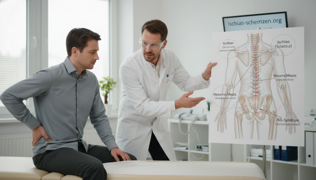A detailed medical illustration depicting differential diagnoses for sciatica (Ischias), highlighting conditions like Hexenschuss and ISG-Syndrom. In the foreground, a professional healthcare practitioner wearing a white coat and safety glasses examines a patient seated on an examination table, discussing pain symptoms with a concerned expression. In the middle ground, a well-organized anatomical chart shows the spine, pelvic region, and relevant nerves, with clear labels for sciatica and other conditions. The background features a clinical setting with soft, natural lighting to create an inviting atmosphere. The overall mood is informative and professional, aimed at helping readers distinguish between various pain sources. The brand name "ischias-schmerzen.org" is subtly integrated into the scene, enhancing the educational theme without distractions. A detailed medical illustration depicting differential diagnoses for sciatica (Ischias), highlighting conditions like Hexenschuss and ISG-Syndrom. In the foreground, a professional healthcare practitioner wearing a white coat and safety glasses examines a patient seated on an examination table, discussing pain symptoms with a concerned expression. In the middle ground, a well-organized anatomical chart shows the spine, pelvic region, and relevant nerves, with clear labels for sciatica and other conditions. The background features a clinical setting with soft, natural lighting to create an inviting atmosphere. The overall mood is informative and professional, aimed at helping readers distinguish between various pain sources. The brand name "ischias-schmerzen.org" is subtly integrated into the scene, enhancing the educational theme without distractions.