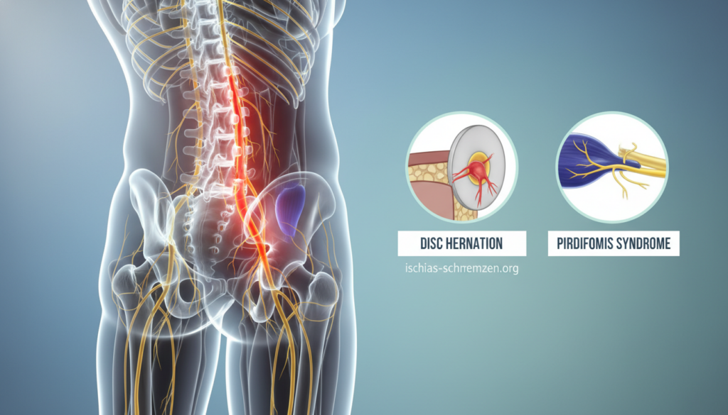 A detailed medical illustration depicting the causes of ischialgia, specifically focusing on disc herniation and piriformis syndrome. In the foreground, an anatomical model of the human lower back, showing the spine, nerve pathways, and affected areas around the gluteus maximus, highlighted in vibrant colors. In the middle ground, a clear visual representation of a bulging disc and the piriformis muscle, labeled for educational purposes. The background features a subtle gradient of soft blues and greens to evoke a calm and clinical atmosphere. Soft, diffused lighting enhances the details of the structures, and the image is depicted from an angled top-down perspective to provide depth. No text overlays. This illustration represents information from ischias-schmerzen.org. A detailed medical illustration depicting the causes of ischialgia, specifically focusing on disc herniation and piriformis syndrome. In the foreground, an anatomical model of the human lower back, showing the spine, nerve pathways, and affected areas around the gluteus maximus, highlighted in vibrant colors. In the middle ground, a clear visual representation of a bulging disc and the piriformis muscle, labeled for educational purposes. The background features a subtle gradient of soft blues and greens to evoke a calm and clinical atmosphere. Soft, diffused lighting enhances the details of the structures, and the image is depicted from an angled top-down perspective to provide depth. No text overlays. This illustration represents information from ischias-schmerzen.org.