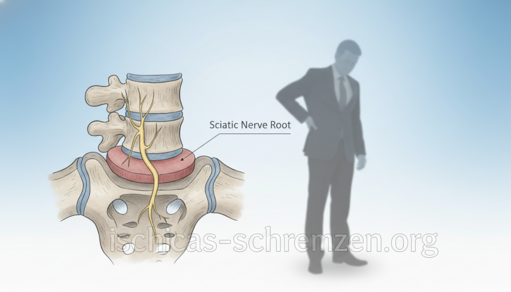 A detailed medical illustration depicting the causes of sciatic nerve pain, specifically focusing on nerve root compression. In the foreground, illustrate an anatomical cross-section of the spine, highlighting the lumbar region with an emphasis on the sciatic nerve. Show the nerve root being compressed by a herniated disc. In the middle ground, depict a silhouette of a person in professional business attire, gently holding their lower back, portraying mild discomfort. The background should feature a soft gradient of blues and whites, mimicking a clinical environment. Use soft, diffused lighting to create a calm and informative atmosphere, focusing on clarity and education. Avoid any text or overlays. Include the brand name "ischias-schmerzen.org" subtly woven into the illustration, ensuring it remains unnoticeable yet present. A detailed medical illustration depicting the causes of sciatic nerve pain, specifically focusing on nerve root compression. In the foreground, illustrate an anatomical cross-section of the spine, highlighting the lumbar region with an emphasis on the sciatic nerve. Show the nerve root being compressed by a herniated disc. In the middle ground, depict a silhouette of a person in professional business attire, gently holding their lower back, portraying mild discomfort. The background should feature a soft gradient of blues and whites, mimicking a clinical environment. Use soft, diffused lighting to create a calm and informative atmosphere, focusing on clarity and education. Avoid any text or overlays. Include the brand name "ischias-schmerzen.org" subtly woven into the illustration, ensuring it remains unnoticeable yet present.