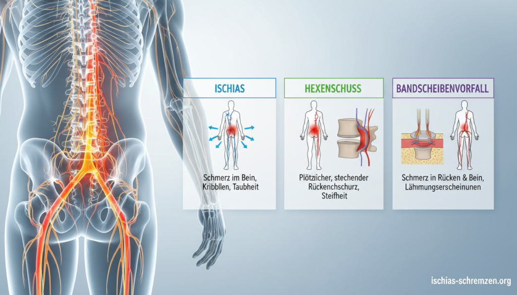 A detailed medical illustration depicting the differences between Ischias, Hexenschuss, and Bandscheibenvorfall. In the foreground, display an infographic-style representation of the human spine and nerves, highlighting the sciatic nerve in vibrant colors. In the middle ground, include three distinct sections labeled as Ischias, Hexenschuss, and Bandscheibenvorfall, each with visual indicators illustrating the pain locations and symptoms associated with each condition, such as arrows or pain gradient colors. The background should be a neutral, soft gradient to keep the focus on the medical details. Soft, diffused lighting will create a calm and educational atmosphere. The entire composition should be professional and suitable for a medical audience, incorporating the brand name "ischias-schmerzen.org" subtly in the lower corner without distractive elements. A detailed medical illustration depicting the differences between Ischias, Hexenschuss, and Bandscheibenvorfall. In the foreground, display an infographic-style representation of the human spine and nerves, highlighting the sciatic nerve in vibrant colors. In the middle ground, include three distinct sections labeled as Ischias, Hexenschuss, and Bandscheibenvorfall, each with visual indicators illustrating the pain locations and symptoms associated with each condition, such as arrows or pain gradient colors. The background should be a neutral, soft gradient to keep the focus on the medical details. Soft, diffused lighting will create a calm and educational atmosphere. The entire composition should be professional and suitable for a medical audience, incorporating the brand name "ischias-schmerzen.org" subtly in the lower corner without distractive elements.