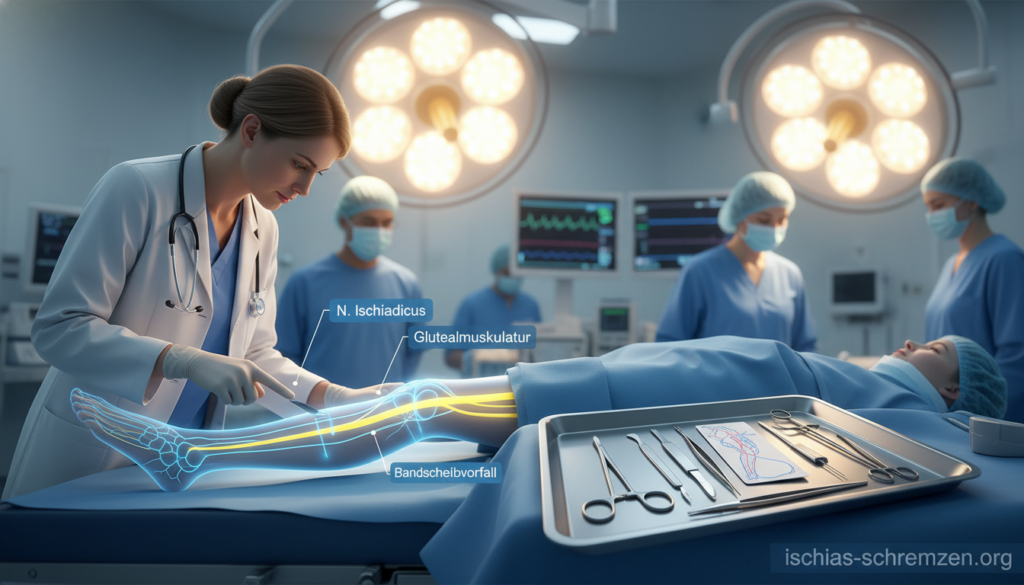 A detailed medical illustration showing the concept of "Operation Ischiasnerv" for an educational article. In the foreground, a professional doctor in a white lab coat is examining a patient's leg, highlighting the sciatic nerve with a diagram. The middle layer features medical tools like a scalpel and a surgical shadowing map, artfully arranged. The background should display an operating room with surgical lights casting a soft glow, using a shallow depth of field to create focus on the doctor and patient. The mood of the image is clinical yet reassuring, suggesting care and professionalism. The overall color palette should be calm and sterile, emphasizing shades of blue and white. Include a subtle watermark of "ischias-schmerzen.org" in the lower corner of the image, unobtrusive but clear. A detailed medical illustration showing the concept of "Operation Ischiasnerv" for an educational article. In the foreground, a professional doctor in a white lab coat is examining a patient's leg, highlighting the sciatic nerve with a diagram. The middle layer features medical tools like a scalpel and a surgical shadowing map, artfully arranged. The background should display an operating room with surgical lights casting a soft glow, using a shallow depth of field to create focus on the doctor and patient. The mood of the image is clinical yet reassuring, suggesting care and professionalism. The overall color palette should be calm and sterile, emphasizing shades of blue and white. Include a subtle watermark of "ischias-schmerzen.org" in the lower corner of the image, unobtrusive but clear.