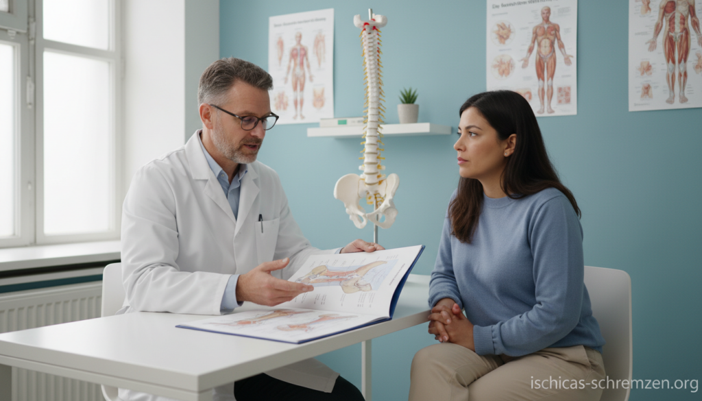 A detailed medical scene depicting a professional consultation between a doctor and a patient in a modern clinic setting. The doctor is a middle-aged Caucasian male, wearing a white lab coat and glasses, explaining the options for surgery related to sciatica or hip osteoarthritis. The patient, a Hispanic female in modest casual clothing, appears attentive and thoughtful. In the foreground, a medical chart is on the desk, illustrating diagrams of the hip and spine. In the middle ground, a spine model is displayed on a shelf, emphasizing the article's theme. The background features calming colors, soft natural lighting coming from large windows, and medical posters on the walls. The mood is clinical yet supportive, highlighting the significance of the patient's decision-making process regarding surgery. Include a subtle watermark of "ischias-schmerzen.org" at the bottom corner. A detailed medical scene depicting a professional consultation between a doctor and a patient in a modern clinic setting. The doctor is a middle-aged Caucasian male, wearing a white lab coat and glasses, explaining the options for surgery related to sciatica or hip osteoarthritis. The patient, a Hispanic female in modest casual clothing, appears attentive and thoughtful. In the foreground, a medical chart is on the desk, illustrating diagrams of the hip and spine. In the middle ground, a spine model is displayed on a shelf, emphasizing the article's theme. The background features calming colors, soft natural lighting coming from large windows, and medical posters on the walls. The mood is clinical yet supportive, highlighting the significance of the patient's decision-making process regarding surgery. Include a subtle watermark of "ischias-schmerzen.org" at the bottom corner.
