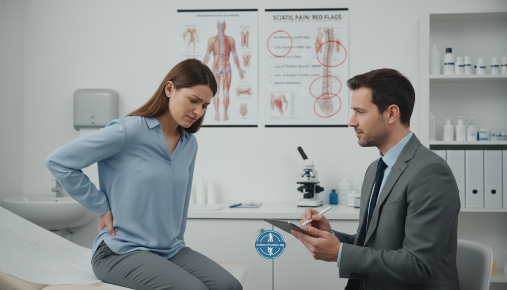 A doctor’s office scene depicting a healthcare professional consulting with a patient experiencing sciatic pain. In the foreground, the patient, dressed in modest casual clothing, displays a concerned expression while sitting on an examination table, holding their lower back. The doctor, in professional business attire, is attentively listening and taking notes, with a sympathetic expression. In the middle ground, medical posters illustrating spine anatomy and warning signals are visible on the walls, emphasizing red flags associated with sciatic pain. The background features a well-lit examination room with medical instruments, fostering an atmosphere of professionalism and care. The lighting is bright yet soft, creating a reassuring mood. Logo for "ischias-schmerzen.org" subtly integrated into the design. A doctor’s office scene depicting a healthcare professional consulting with a patient experiencing sciatic pain. In the foreground, the patient, dressed in modest casual clothing, displays a concerned expression while sitting on an examination table, holding their lower back. The doctor, in professional business attire, is attentively listening and taking notes, with a sympathetic expression. In the middle ground, medical posters illustrating spine anatomy and warning signals are visible on the walls, emphasizing red flags associated with sciatic pain. The background features a well-lit examination room with medical instruments, fostering an atmosphere of professionalism and care. The lighting is bright yet soft, creating a reassuring mood. Logo for "ischias-schmerzen.org" subtly integrated into the design.