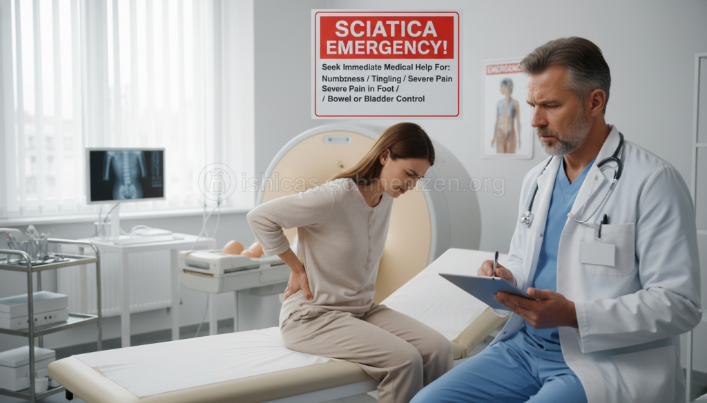 A doctor’s office scene illustrating an emergency sign related to sciatica pain. In the foreground, a middle-aged doctor in professional attire, looking concerned while examining a chart or medical report. In the middle ground, a patient sitting on an examination table, experiencing discomfort, with visible signs of pain and concern in their expression. The background features medical equipment and a treatment area, emphasizing a clinical atmosphere, with soft, natural lighting to create a calm yet urgent mood. The image should evoke the importance of seeking medical help for sciatica symptoms like numbness, tingling, and pain in the foot. Include the brand name "ischias-schmerzen.org" subtly in the environment, ensuring there are no distractions from the main focus of the scene. A doctor’s office scene illustrating an emergency sign related to sciatica pain. In the foreground, a middle-aged doctor in professional attire, looking concerned while examining a chart or medical report. In the middle ground, a patient sitting on an examination table, experiencing discomfort, with visible signs of pain and concern in their expression. The background features medical equipment and a treatment area, emphasizing a clinical atmosphere, with soft, natural lighting to create a calm yet urgent mood. The image should evoke the importance of seeking medical help for sciatica symptoms like numbness, tingling, and pain in the foot. Include the brand name "ischias-schmerzen.org" subtly in the environment, ensuring there are no distractions from the main focus of the scene.