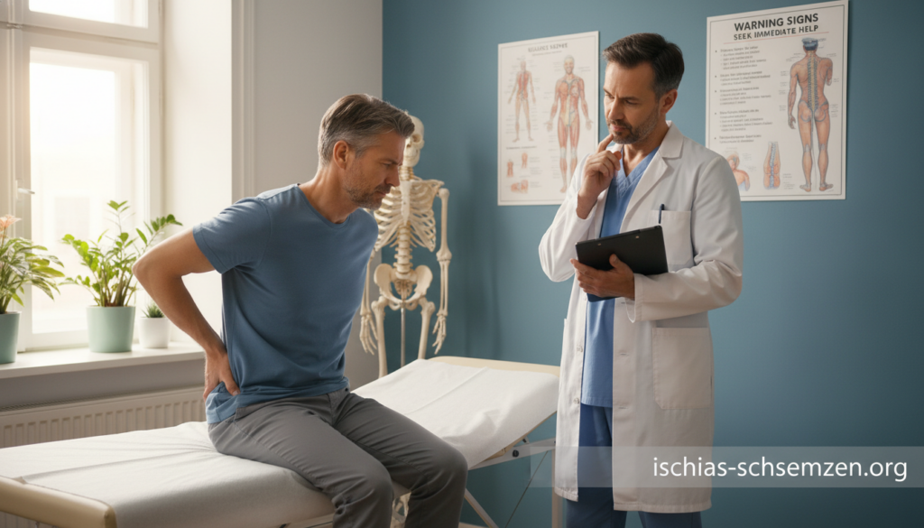 A doctor’s office setting illuminated by soft, natural light filtering through a window, creating a calm and reassuring atmosphere. In the foreground, a concerned patient, a middle-aged person dressed in modest casual clothing, is sitting on an examination table, showing signs of discomfort in their lower back while looking attentively at their physician. The doctor, a professional in a lab coat, is standing nearby, examining a patient's health chart, embodying a caring and attentive demeanor. In the background, medical posters relating to sciatica and warning signs are subtly displayed on the walls, enhancing the contextual understanding of the situation. This scene captures the essence of seeking help for sciatica symptoms, reflecting urgency yet with an air of professionalism. Watermarked subtly within the image is "ischias-schmerzen.org" for clarity on the subject matter. A doctor’s office setting illuminated by soft, natural light filtering through a window, creating a calm and reassuring atmosphere. In the foreground, a concerned patient, a middle-aged person dressed in modest casual clothing, is sitting on an examination table, showing signs of discomfort in their lower back while looking attentively at their physician. The doctor, a professional in a lab coat, is standing nearby, examining a patient's health chart, embodying a caring and attentive demeanor. In the background, medical posters relating to sciatica and warning signs are subtly displayed on the walls, enhancing the contextual understanding of the situation. This scene captures the essence of seeking help for sciatica symptoms, reflecting urgency yet with an air of professionalism. Watermarked subtly within the image is "ischias-schmerzen.org" for clarity on the subject matter.