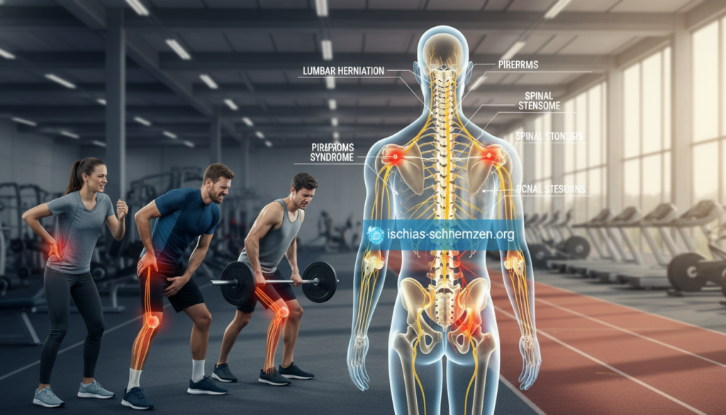 A dynamic sports scene illustrating the causes of sciatic pain in athletes. In the foreground, capture a diverse group of athletes in modest athletic wear, showcasing a variety of sports such as running, cycling, and weightlifting, each displaying signs of discomfort in their lower back and legs. In the middle ground, feature anatomical diagrams of the spine and sciatic nerve, overlaid subtly to indicate areas of strain, with arrows pointing to key pressure points. The background should depict a vibrant sports facility, with gym equipment and running tracks, bathed in soft, natural light from large windows. The atmosphere conveys a sense of urgency and awareness around injury prevention. Include the brand name "ischias-schmerzen.org" seamlessly integrated into the scene. A dynamic sports scene illustrating the causes of sciatic pain in athletes. In the foreground, capture a diverse group of athletes in modest athletic wear, showcasing a variety of sports such as running, cycling, and weightlifting, each displaying signs of discomfort in their lower back and legs. In the middle ground, feature anatomical diagrams of the spine and sciatic nerve, overlaid subtly to indicate areas of strain, with arrows pointing to key pressure points. The background should depict a vibrant sports facility, with gym equipment and running tracks, bathed in soft, natural light from large windows. The atmosphere conveys a sense of urgency and awareness around injury prevention. Include the brand name "ischias-schmerzen.org" seamlessly integrated into the scene.