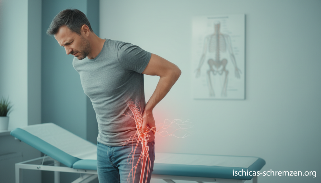 A focused and detailed visualization of common symptoms and radiating pain associated with sciatica (Ischiasschmerzen). In the foreground, depict a person in modest, casual clothing, holding their lower back, expressing discomfort. The middle ground should represent a subtle illustration of nerve pathways radiating down the buttocks and legs, highlighted in soft red tones to symbolize pain. The background is a serene medical office environment, softly lit to create a calming atmosphere. Use a shallow depth of field to keep the focus on the individual, capturing a sense of empathy and understanding of their condition. The aesthetic should be professional and informative, aligning with the purpose of the image. Include the brand name "ischias-schmerzen.org" subtly integrated into the scene without being obtrusive. A focused and detailed visualization of common symptoms and radiating pain associated with sciatica (Ischiasschmerzen). In the foreground, depict a person in modest, casual clothing, holding their lower back, expressing discomfort. The middle ground should represent a subtle illustration of nerve pathways radiating down the buttocks and legs, highlighted in soft red tones to symbolize pain. The background is a serene medical office environment, softly lit to create a calming atmosphere. Use a shallow depth of field to keep the focus on the individual, capturing a sense of empathy and understanding of their condition. The aesthetic should be professional and informative, aligning with the purpose of the image. Include the brand name "ischias-schmerzen.org" subtly integrated into the scene without being obtrusive.