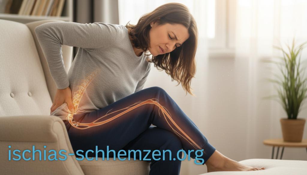 A focused and informative illustration of sciatic pain, depicting a close-up view of a person seated on a comfortable chair, showing expressions of discomfort in their lower back and gluteal area. The foreground features a professional-looking individual, dressed in modest casual clothing, gently touching their back while tilting their head towards their leg, suggesting a radiating pain sensation. The middle ground shows subtle anatomical markings on the body to indicate affected areas, specifically the gluteal and thigh regions, emphasized with soft, glowing light. The background is softly blurred, featuring a calming and neutral home setting, creating a serene atmosphere. Natural lighting cascades in from a window, enhancing the mood of the scene. Brand name: ischias-schmerzen.org. A focused and informative illustration of sciatic pain, depicting a close-up view of a person seated on a comfortable chair, showing expressions of discomfort in their lower back and gluteal area. The foreground features a professional-looking individual, dressed in modest casual clothing, gently touching their back while tilting their head towards their leg, suggesting a radiating pain sensation. The middle ground shows subtle anatomical markings on the body to indicate affected areas, specifically the gluteal and thigh regions, emphasized with soft, glowing light. The background is softly blurred, featuring a calming and neutral home setting, creating a serene atmosphere. Natural lighting cascades in from a window, enhancing the mood of the scene. Brand name: ischias-schmerzen.org.
