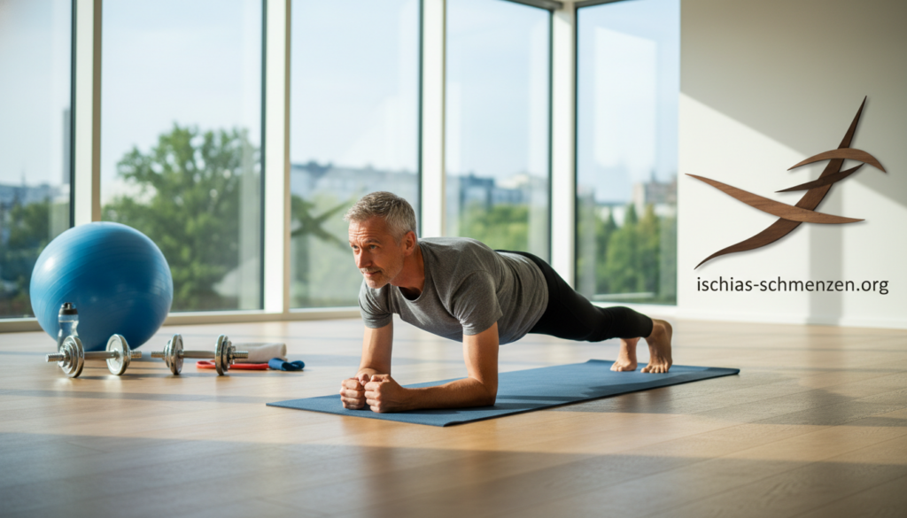 A focused and serene indoor exercise setting, featuring a middle-aged person performing a core strengthening exercise, wearing modest athletic clothing. In the foreground, the individual is engaging in a plank position on a yoga mat, emphasizing proper form and technique. The middle layer includes fitness equipment like dumbbells and a stability ball, neatly arranged to show an organized workout space. The background reveals a well-lit room with large windows, allowing natural light to create a warm and inviting atmosphere. Soft shadows hint at early morning light. The overall mood is motivational and encouraging, symbolizing health and well-being. Include the subtle brand logo "ischias-schmerzen.org" integrated into the decor as a design element without being intrusive. A focused and serene indoor exercise setting, featuring a middle-aged person performing a core strengthening exercise, wearing modest athletic clothing. In the foreground, the individual is engaging in a plank position on a yoga mat, emphasizing proper form and technique. The middle layer includes fitness equipment like dumbbells and a stability ball, neatly arranged to show an organized workout space. The background reveals a well-lit room with large windows, allowing natural light to create a warm and inviting atmosphere. Soft shadows hint at early morning light. The overall mood is motivational and encouraging, symbolizing health and well-being. Include the subtle brand logo "ischias-schmerzen.org" integrated into the decor as a design element without being intrusive.
