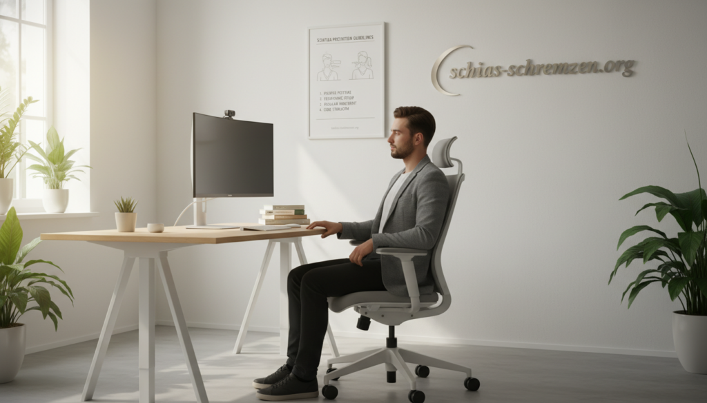 A focused and serene workspace illustrating the concept of preventing sciatica pain through ergonomics. In the foreground, a young professional, dressed in smart casual attire, demonstrates proper posture while sitting at a sleek, modern desk with an ergonomic chair. Their back is straight, feet flat on the ground, and a screen at eye level, symbolizing back-friendly habits. In the middle ground, a poster on the wall outlines key preventative measures with simple graphics, while a few health books are stacked on the desk. The background features a bright, well-lit office with plants, conveying a calm and motivating atmosphere. Soft natural light streams in from a nearby window, creating a warm and inviting ambiance. The brand name "ischias-schmerzen.org" subtly integrated into the workspace elements, enhancing the image's relevance and professionalism. A focused and serene workspace illustrating the concept of preventing sciatica pain through ergonomics. In the foreground, a young professional, dressed in smart casual attire, demonstrates proper posture while sitting at a sleek, modern desk with an ergonomic chair. Their back is straight, feet flat on the ground, and a screen at eye level, symbolizing back-friendly habits. In the middle ground, a poster on the wall outlines key preventative measures with simple graphics, while a few health books are stacked on the desk. The background features a bright, well-lit office with plants, conveying a calm and motivating atmosphere. Soft natural light streams in from a nearby window, creating a warm and inviting ambiance. The brand name "ischias-schmerzen.org" subtly integrated into the workspace elements, enhancing the image's relevance and professionalism.