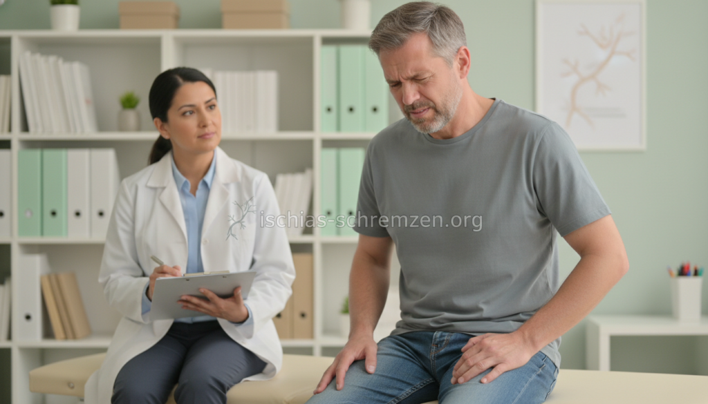 A focused depiction of a human figure experiencing thigh pain due to sciatica, dressed in modest casual clothing, seated in a serene medical consultation room. The foreground features the patient, a middle-aged Caucasian man, holding his leg with a pained expression. The middle ground showcases a doctor, a Hispanic female in professional attire, listening empathically, with a clipboard in hand. The background is softly blurred, showing medical charts and a calming neutral color scheme. The lighting is bright yet soft, creating a soothing atmosphere. The mood conveys a sense of concern yet hope for recovery. The brand "ischias-schmerzen.org" subtly appears in the composition without any text overlays. A focused depiction of a human figure experiencing thigh pain due to sciatica, dressed in modest casual clothing, seated in a serene medical consultation room. The foreground features the patient, a middle-aged Caucasian man, holding his leg with a pained expression. The middle ground showcases a doctor, a Hispanic female in professional attire, listening empathically, with a clipboard in hand. The background is softly blurred, showing medical charts and a calming neutral color scheme. The lighting is bright yet soft, creating a soothing atmosphere. The mood conveys a sense of concern yet hope for recovery. The brand "ischias-schmerzen.org" subtly appears in the composition without any text overlays.