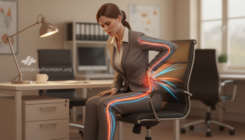 A focused illustration depicting the symptoms of sciatic nerve pain. In the foreground, a seated professional woman in modest business attire gently touching her lower back with a pained expression. In the middle ground, contrasting visuals of radiating pain illustrated by soft, glowing lines emanating from her lower back to her legs, visually representing discomfort and numbness. The background features a soft, blurred office environment to ground the scene in a professional setting. The lighting is warm and inviting, creating a sense of calm despite the pain. Use a subtle depth of field to emphasize the subject while maintaining an overall sense of clarity. The brand "ischias-schmerzen.org" subtly integrated into the scene without text overlays, conveying professionalism. A focused illustration depicting the symptoms of sciatic nerve pain. In the foreground, a seated professional woman in modest business attire gently touching her lower back with a pained expression. In the middle ground, contrasting visuals of radiating pain illustrated by soft, glowing lines emanating from her lower back to her legs, visually representing discomfort and numbness. The background features a soft, blurred office environment to ground the scene in a professional setting. The lighting is warm and inviting, creating a sense of calm despite the pain. Use a subtle depth of field to emphasize the subject while maintaining an overall sense of clarity. The brand "ischias-schmerzen.org" subtly integrated into the scene without text overlays, conveying professionalism.