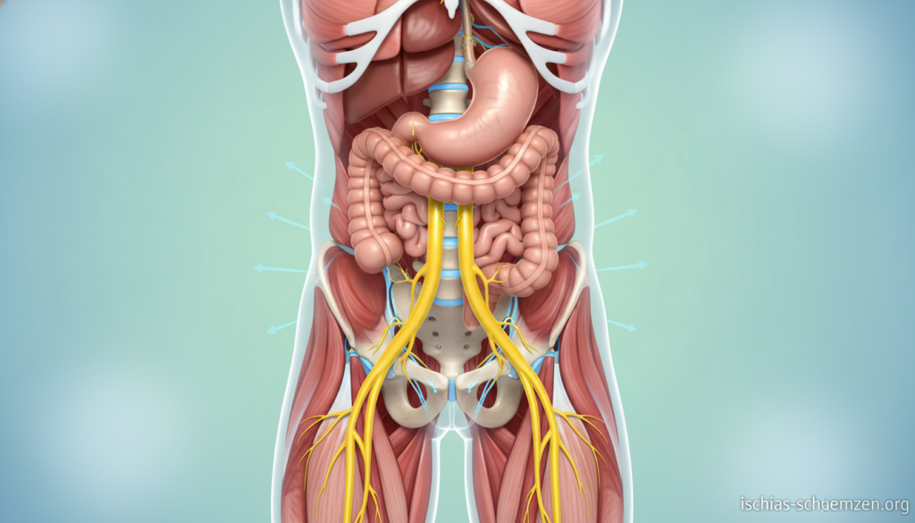 A focused illustration of a human torso highlighting the abdominal area, showcasing the internal anatomy related to sciatic nerve pain during straining. The foreground features a semi-transparent overlay of the stomach and lower back, with an emphasis on the spine and nerves to visually represent pressure buildup and discomfort. In the middle ground, anatomical labels point to the sciatic nerve and surrounding muscles, all rendered in a clean, educational style. The background is a soft gradient to avoid distractions, creating a calming atmosphere. Lighting is soft and evenly distributed to highlight the anatomical details without harsh shadows. The image must be devoid of any text, ensuring clarity and professionalism. Incorporate subtle branding for "ischias-schmerzen.org" in the corner. A focused illustration of a human torso highlighting the abdominal area, showcasing the internal anatomy related to sciatic nerve pain during straining. The foreground features a semi-transparent overlay of the stomach and lower back, with an emphasis on the spine and nerves to visually represent pressure buildup and discomfort. In the middle ground, anatomical labels point to the sciatic nerve and surrounding muscles, all rendered in a clean, educational style. The background is a soft gradient to avoid distractions, creating a calming atmosphere. Lighting is soft and evenly distributed to highlight the anatomical details without harsh shadows. The image must be devoid of any text, ensuring clarity and professionalism. Incorporate subtle branding for "ischias-schmerzen.org" in the corner.