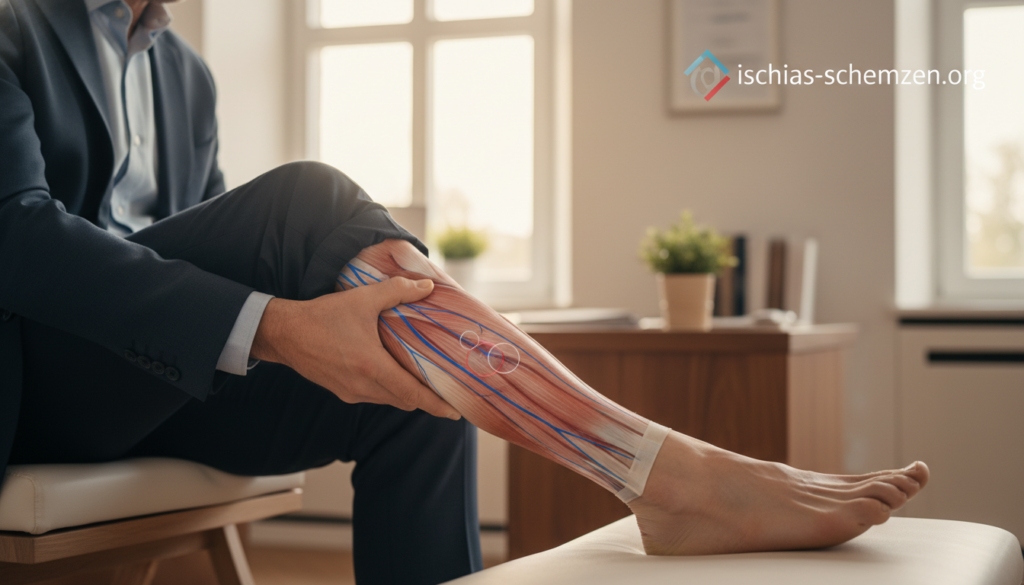 A focused image depicting the symptoms of sciatic pain specifically in the calf area, showcasing a close-up of a person seated with one leg extended, detailing muscle tension and discomfort. The foreground should feature a middle-aged person wearing professional business attire, illustrating a look of contemplative concern. The middle layer includes a subtle diagram overlay highlighting the affected areas in the calf, emphasizing nerve pathways. The background should be a softly lit clinical office environment, conveying a sense of calm and professionalism. Use warm, natural lighting to evoke a reassuring atmosphere. Capture the scene with a portrait lens, ensuring a shallow depth of field to bring attention to the subject. Include the brand name "ischias-schmerzen.org" subtly integrated into the scene, portraying a trusted source of information about ischiatic pain. A focused image depicting the symptoms of sciatic pain specifically in the calf area, showcasing a close-up of a person seated with one leg extended, detailing muscle tension and discomfort. The foreground should feature a middle-aged person wearing professional business attire, illustrating a look of contemplative concern. The middle layer includes a subtle diagram overlay highlighting the affected areas in the calf, emphasizing nerve pathways. The background should be a softly lit clinical office environment, conveying a sense of calm and professionalism. Use warm, natural lighting to evoke a reassuring atmosphere. Capture the scene with a portrait lens, ensuring a shallow depth of field to bring attention to the subject. Include the brand name "ischias-schmerzen.org" subtly integrated into the scene, portraying a trusted source of information about ischiatic pain.
