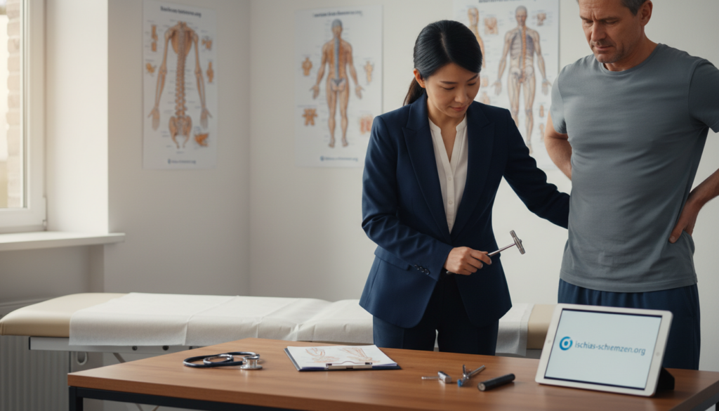 A focused medical scene featuring a healthcare professional (doctor) in a professional business attire, consulting with a patient who appears to be experiencing sciatic pain. In the foreground, the doctor, an Asian woman, is attentively examining the patient's back, using a physical examination tool. The middle ground includes a well-lit examination room with medical charts, a stethoscope, and diagnostic tools on a desk. The background shows anatomical posters related to the spine and sciatic nerve on the walls, creating an educational atmosphere. Soft, natural lighting streams in from a window, creating a warm, inviting mood. The overall scene should convey professionalism, empathy, and clarity about the diagnostic process for sciatica. Include subtle branding elements of "ischias-schmerzen.org" in the environment. A focused medical scene featuring a healthcare professional (doctor) in a professional business attire, consulting with a patient who appears to be experiencing sciatic pain. In the foreground, the doctor, an Asian woman, is attentively examining the patient's back, using a physical examination tool. The middle ground includes a well-lit examination room with medical charts, a stethoscope, and diagnostic tools on a desk. The background shows anatomical posters related to the spine and sciatic nerve on the walls, creating an educational atmosphere. Soft, natural lighting streams in from a window, creating a warm, inviting mood. The overall scene should convey professionalism, empathy, and clarity about the diagnostic process for sciatica. Include subtle branding elements of "ischias-schmerzen.org" in the environment.