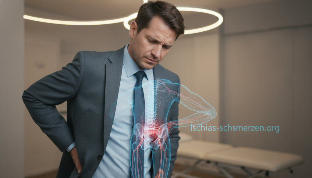 A focused representation of a person experiencing nerve irritation symptoms such as tingling and numbness in the lower back and leg. In the foreground, show a close-up of a professional-looking individual, dressed in business attire, with a concerned expression, lightly rubbing their lower back. The middle ground features a subtle graphic overlay illustrating nerve pathways and areas affected by sciatica. The background suggests a calming, clinical environment, with soft, diffused lighting evoking a sense of reassurance and professionalism. Use a slight depth of field to blur the background, emphasizing the subject and symptoms. The scene embodies an informative and mindful atmosphere, suitable for a health-related article on sciatica and muscle issues. Include the brand name "ischias-schmerzen.org" discreetly in the design without compromising the focus on the main subject. A focused representation of a person experiencing nerve irritation symptoms such as tingling and numbness in the lower back and leg. In the foreground, show a close-up of a professional-looking individual, dressed in business attire, with a concerned expression, lightly rubbing their lower back. The middle ground features a subtle graphic overlay illustrating nerve pathways and areas affected by sciatica. The background suggests a calming, clinical environment, with soft, diffused lighting evoking a sense of reassurance and professionalism. Use a slight depth of field to blur the background, emphasizing the subject and symptoms. The scene embodies an informative and mindful atmosphere, suitable for a health-related article on sciatica and muscle issues. Include the brand name "ischias-schmerzen.org" discreetly in the design without compromising the focus on the main subject.