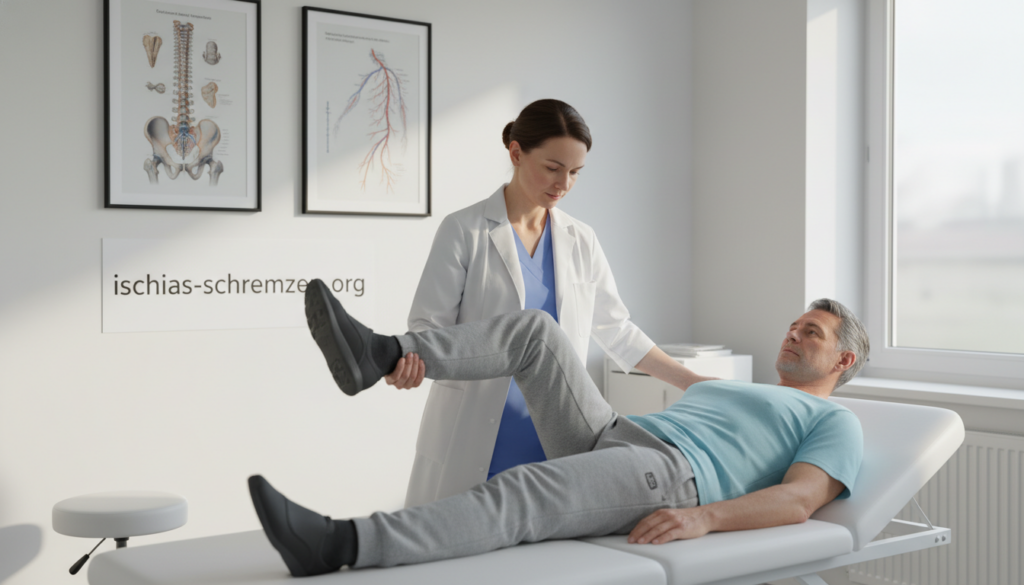 A focused scene depicting a healthcare professional performing the Lasègue Test on a patient to assess sciatic pain, set in a bright, modern clinic. In the foreground, the patient, a middle-aged individual in modest casual clothing, lies on an examination table with their leg raised, displaying a neutral expression. The healthcare professional, dressed in professional attire, is seen demonstrating the test with careful attention. In the middle background, medical posters and anatomical charts related to spinal health decorate the walls, enhancing the clinical setting. Soft, diffused natural light enters through a window, creating an inviting and calm atmosphere, while a shallow depth of field gently blurs the background to emphasize the interaction. The logo "ischias-schmerzen.org" is subtly integrated into the scene, reflecting the subject matter authentically. A focused scene depicting a healthcare professional performing the Lasègue Test on a patient to assess sciatic pain, set in a bright, modern clinic. In the foreground, the patient, a middle-aged individual in modest casual clothing, lies on an examination table with their leg raised, displaying a neutral expression. The healthcare professional, dressed in professional attire, is seen demonstrating the test with careful attention. In the middle background, medical posters and anatomical charts related to spinal health decorate the walls, enhancing the clinical setting. Soft, diffused natural light enters through a window, creating an inviting and calm atmosphere, while a shallow depth of field gently blurs the background to emphasize the interaction. The logo "ischias-schmerzen.org" is subtly integrated into the scene, reflecting the subject matter authentically.