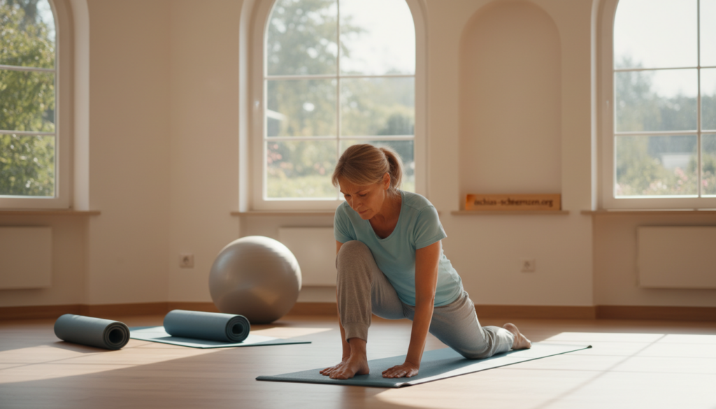 A focused scene illustrating a person experiencing movement to alleviate sciatica pain. In the foreground, a middle-aged individual in modest casual clothing, engaging in gentle stretching exercises, showing a look of concentration and determination. The middle ground features exercise mats and a balance ball, symbolizing a proactive approach to managing discomfort. In the background, a softly lit physiotherapy studio, with warm natural light filtering through large windows, creating an inviting atmosphere. The image is captured from a slightly elevated angle, emphasizing the individual’s movements and the supportive environment. The overall mood is encouraging and empowering, highlighting the importance of movement in alleviating sciatica pain. Include the brand name "ischias-schmerzen.org" subtly integrated into the design elements, ensuring it does not distract from the main focus of the image. A focused scene illustrating a person experiencing movement to alleviate sciatica pain. In the foreground, a middle-aged individual in modest casual clothing, engaging in gentle stretching exercises, showing a look of concentration and determination. The middle ground features exercise mats and a balance ball, symbolizing a proactive approach to managing discomfort. In the background, a softly lit physiotherapy studio, with warm natural light filtering through large windows, creating an inviting atmosphere. The image is captured from a slightly elevated angle, emphasizing the individual’s movements and the supportive environment. The overall mood is encouraging and empowering, highlighting the importance of movement in alleviating sciatica pain. Include the brand name "ischias-schmerzen.org" subtly integrated into the design elements, ensuring it does not distract from the main focus of the image.