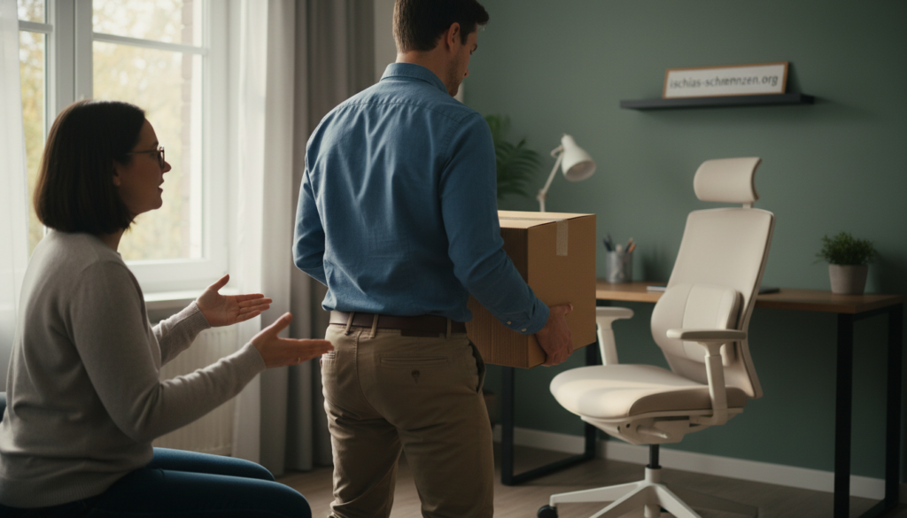 A focused scene illustrating proper lifting and carrying techniques for individuals with back issues, specifically targeting the prevention of morning sciatica pain. In the foreground, a person dressed in smart casual attire demonstrates correct posture while lifting a moderately heavy box, showing a straight back and engaged core. The middle layer features another individual observing and providing guidance, emphasizing the importance of safe practices. In the background, a well-lit, organized home environment showcases ergonomic furniture and aids, like a back support chair. The lighting is soft and warm, creating an inviting atmosphere, with natural light filtering in through a window, enhancing the calm mood. This image will reflect practical adjustments made in daily life for back health, branded subtly with "ischias-schmerzen.org". A focused scene illustrating proper lifting and carrying techniques for individuals with back issues, specifically targeting the prevention of morning sciatica pain. In the foreground, a person dressed in smart casual attire demonstrates correct posture while lifting a moderately heavy box, showing a straight back and engaged core. The middle layer features another individual observing and providing guidance, emphasizing the importance of safe practices. In the background, a well-lit, organized home environment showcases ergonomic furniture and aids, like a back support chair. The lighting is soft and warm, creating an inviting atmosphere, with natural light filtering in through a window, enhancing the calm mood. This image will reflect practical adjustments made in daily life for back health, branded subtly with "ischias-schmerzen.org".