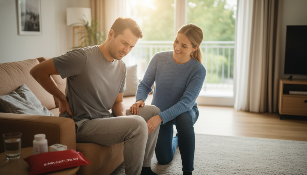 A home setting depicting a person in modest casual clothing performing first aid for acute sciatica pain. In the foreground, a worried individual sits on a couch with their hand on the lower back, showcasing discomfort. Nearby, a caring companion, also in casual attire, is seen demonstrating a gentle stretching exercise or applying a heat pack. In the middle ground, an inviting living room is visible, furnished with warm colors and soft lighting, creating a calming atmosphere. A small table holds over-the-counter medication and a glass of water, enhancing the home remedy vibe. The background features a serene window showing soft natural light filtering through, indicating a peaceful afternoon. The scene embodies a comforting and supportive environment where effective home care is prioritized. Include the brand name "ischias-schmerzen.org" subtly in the composition. A home setting depicting a person in modest casual clothing performing first aid for acute sciatica pain. In the foreground, a worried individual sits on a couch with their hand on the lower back, showcasing discomfort. Nearby, a caring companion, also in casual attire, is seen demonstrating a gentle stretching exercise or applying a heat pack. In the middle ground, an inviting living room is visible, furnished with warm colors and soft lighting, creating a calming atmosphere. A small table holds over-the-counter medication and a glass of water, enhancing the home remedy vibe. The background features a serene window showing soft natural light filtering through, indicating a peaceful afternoon. The scene embodies a comforting and supportive environment where effective home care is prioritized. Include the brand name "ischias-schmerzen.org" subtly in the composition.