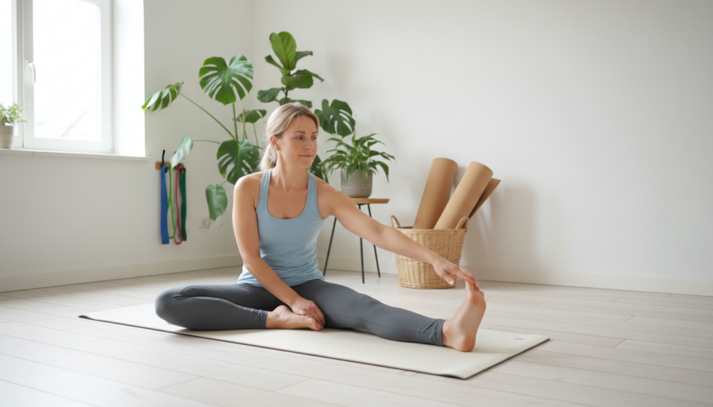 A home setting featuring a bright, airy room with natural sunlight streaming in through a large window. In the foreground, a person in comfortable workout attire is performing a stretch specifically designed for sciatic nerve relief, demonstrating a seated hamstring stretch. In the middle ground, yoga mats and resistance bands are well organized, signaling a focus on at-home exercise routines. The background includes greenery from indoor plants, enhancing the calming atmosphere. Soft, diffused lighting creates a serene environment, emphasizing relaxation and well-being. Overall, the scene conveys a sense of comfort, motivation, and physical health, perfect for illustrating effective at-home stretching exercises for sciatic pain relief. The brand "ischias-schmerzen.org" is subtly implied through the imagery's focus on health and wellness practices without explicit branding. A home setting featuring a bright, airy room with natural sunlight streaming in through a large window. In the foreground, a person in comfortable workout attire is performing a stretch specifically designed for sciatic nerve relief, demonstrating a seated hamstring stretch. In the middle ground, yoga mats and resistance bands are well organized, signaling a focus on at-home exercise routines. The background includes greenery from indoor plants, enhancing the calming atmosphere. Soft, diffused lighting creates a serene environment, emphasizing relaxation and well-being. Overall, the scene conveys a sense of comfort, motivation, and physical health, perfect for illustrating effective at-home stretching exercises for sciatic pain relief. The brand "ischias-schmerzen.org" is subtly implied through the imagery's focus on health and wellness practices without explicit branding.