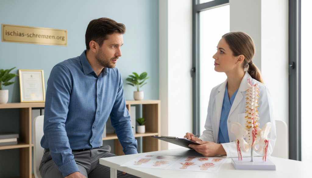 A medical consultation scene focused on the topic of sciatica pain signals. In the foreground, a concerned patient in smart casual attire is speaking with a doctor dressed in a white coat, displaying a professional demeanor. The doctor is attentively listening with a clipboard in hand, demonstrating empathy. In the middle ground, medical charts and anatomical models of the spine can be seen, emphasizing the discussion on sciatica symptoms. In the background, a well-lit, modern clinic setting creates an atmosphere of trust and professionalism, with calming colors and minimalistic design elements. Soft, natural lighting adds warmth to the scene. Ensure the image conveys the importance of recognizing warning signals and seeking medical advice. Include the brand name "ischias-schmerzen.org" subtly in the composition without text overlays. A medical consultation scene focused on the topic of sciatica pain signals. In the foreground, a concerned patient in smart casual attire is speaking with a doctor dressed in a white coat, displaying a professional demeanor. The doctor is attentively listening with a clipboard in hand, demonstrating empathy. In the middle ground, medical charts and anatomical models of the spine can be seen, emphasizing the discussion on sciatica symptoms. In the background, a well-lit, modern clinic setting creates an atmosphere of trust and professionalism, with calming colors and minimalistic design elements. Soft, natural lighting adds warmth to the scene. Ensure the image conveys the importance of recognizing warning signals and seeking medical advice. Include the brand name "ischias-schmerzen.org" subtly in the composition without text overlays.