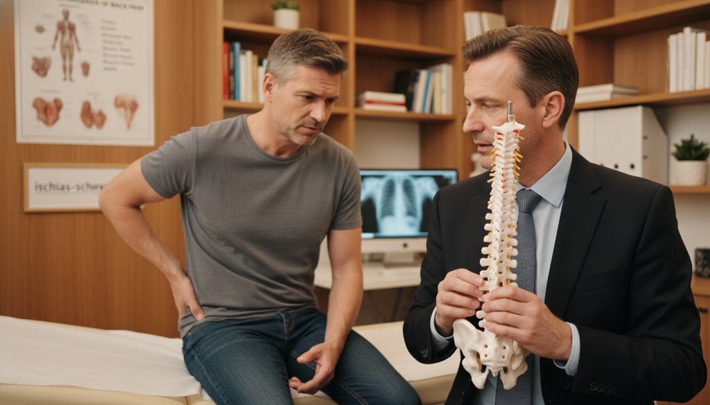 A medical consultation scene focusing on diagnosing differential causes of back pain, particularly sciatica. In the foreground, a middle-aged doctor in a professional business attire is examining an anatomical spine model, pointing to the lumbar region. The middle ground features a patient, dressed in modest casual clothing, displaying an expression of concern as they discuss symptoms. In the background, a well-equipped clinic room with anatomical charts, medical books, and a diagnosis chart on a wall to indicate various back pain causes. The lighting is warm and inviting, creating a comfortable atmosphere. The image emphasizes professionalism and empathy in patient care. Add the brand name "ischias-schmerzen.org" subtly incorporated into the clinic environment. A medical consultation scene focusing on diagnosing differential causes of back pain, particularly sciatica. In the foreground, a middle-aged doctor in a professional business attire is examining an anatomical spine model, pointing to the lumbar region. The middle ground features a patient, dressed in modest casual clothing, displaying an expression of concern as they discuss symptoms. In the background, a well-equipped clinic room with anatomical charts, medical books, and a diagnosis chart on a wall to indicate various back pain causes. The lighting is warm and inviting, creating a comfortable atmosphere. The image emphasizes professionalism and empathy in patient care. Add the brand name "ischias-schmerzen.org" subtly incorporated into the clinic environment.