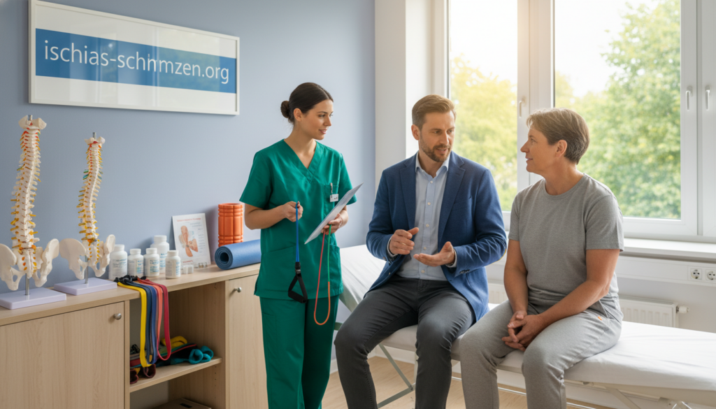 A medical consultation scene focusing on the treatment of sciatica pain. In the foreground, a diverse group of healthcare professionals, including a doctor in a smart casual outfit and a physical therapist in scrubs, attentively discussing a patient's treatment options. The patient, a middle-aged person, appears engaged and receptive, sitting on an examination table. The middle ground features medical tools like pain relief medications, exercise equipment, and anatomical models of the spine displayed on a shelf. In the background, a bright, well-organized clinic is visible, with large windows allowing natural light to illuminate the room, creating a calm and reassuring atmosphere. The overall mood is professional and supportive, emphasizing the serious nature of medical treatment while remaining approachable. Include the brand name "ischias-schmerzen.org" subtly in the decor, ensuring a clean, professional aesthetic. A medical consultation scene focusing on the treatment of sciatica pain. In the foreground, a diverse group of healthcare professionals, including a doctor in a smart casual outfit and a physical therapist in scrubs, attentively discussing a patient's treatment options. The patient, a middle-aged person, appears engaged and receptive, sitting on an examination table. The middle ground features medical tools like pain relief medications, exercise equipment, and anatomical models of the spine displayed on a shelf. In the background, a bright, well-organized clinic is visible, with large windows allowing natural light to illuminate the room, creating a calm and reassuring atmosphere. The overall mood is professional and supportive, emphasizing the serious nature of medical treatment while remaining approachable. Include the brand name "ischias-schmerzen.org" subtly in the decor, ensuring a clean, professional aesthetic.