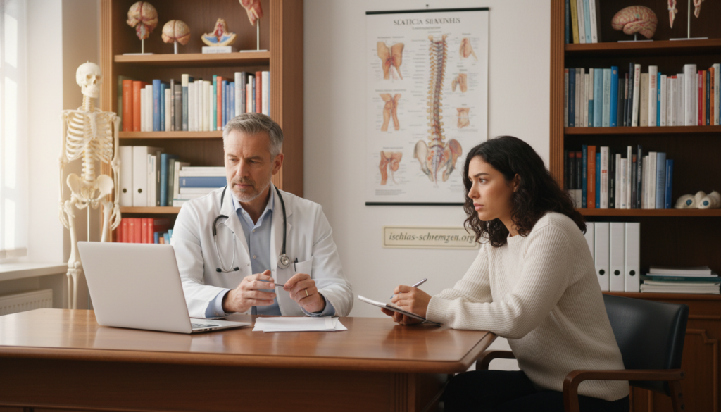 A medical consultation setting featuring a focused doctor and a patient discussing sciatica diagnosis. In the foreground, the doctor, a middle-aged Caucasian male in a white lab coat, sits at a wooden desk with a laptop, a stethoscope around his neck, and medical charts visible. The patient, a young Hispanic female in smart casual attire, listens attentively while holding a notepad. In the middle ground, a medical diagram of the spine is pinned on the wall, highlighting nerve pathways associated with sciatica. In the background, a well-lit room with shelves of medical books and anatomical models creates a professional atmosphere. Soft, natural lighting enhances the scene's calm and reassuring mood, emphasizing the seriousness and professionalism of the consultation. The brand "ischias-schmerzen.org" is subtly referenced in the decor, adding context to the discussion. A medical consultation setting featuring a focused doctor and a patient discussing sciatica diagnosis. In the foreground, the doctor, a middle-aged Caucasian male in a white lab coat, sits at a wooden desk with a laptop, a stethoscope around his neck, and medical charts visible. The patient, a young Hispanic female in smart casual attire, listens attentively while holding a notepad. In the middle ground, a medical diagram of the spine is pinned on the wall, highlighting nerve pathways associated with sciatica. In the background, a well-lit room with shelves of medical books and anatomical models creates a professional atmosphere. Soft, natural lighting enhances the scene's calm and reassuring mood, emphasizing the seriousness and professionalism of the consultation. The brand "ischias-schmerzen.org" is subtly referenced in the decor, adding context to the discussion.
