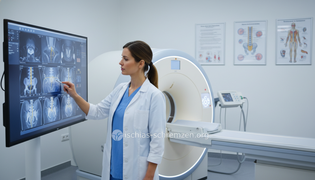 A medical examination room featuring an MRI and CT scanning machine, focused on diagnosing ischialgia. In the foreground, a female doctor in a white lab coat, looking intently at a digital screen displaying detailed scans of a patient’s spine and pelvis, illustrating nerve pathways. The middle ground showcases a high-tech MRI machine, with soft blue and white lighting enhancing its clinical aesthetic. In the background, scientific posters about nerve pain and anatomically correct diagrams of the lower back hang on the walls. The atmosphere is professional and sterile, conveying a sense of care and precision in diagnosing nerve-related pain. The brand logo "ischias-schmerzen.org" subtly integrated into the scene. A medical examination room featuring an MRI and CT scanning machine, focused on diagnosing ischialgia. In the foreground, a female doctor in a white lab coat, looking intently at a digital screen displaying detailed scans of a patient’s spine and pelvis, illustrating nerve pathways. The middle ground showcases a high-tech MRI machine, with soft blue and white lighting enhancing its clinical aesthetic. In the background, scientific posters about nerve pain and anatomically correct diagrams of the lower back hang on the walls. The atmosphere is professional and sterile, conveying a sense of care and precision in diagnosing nerve-related pain. The brand logo "ischias-schmerzen.org" subtly integrated into the scene.