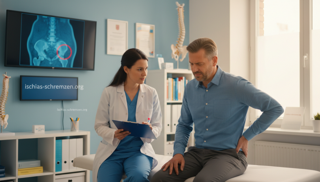 A medical examination room focused on diagnosing and treating sciatica symptoms. In the foreground, a physician in professional attire examines a patient who appears to be in mild discomfort, sitting on an examination table. The doctor is pointing at a medical chart, indicating a clear communication of diagnosis. In the middle ground, a diagnostic tool like an MRI scan can be subtly displayed on a wall-mounted screen. The background features medical charts, anatomical models, and a soft-focus window allowing natural light to filter in, creating a warm, professional atmosphere. The overall mood is hopeful and focused, emphasizing the importance of seeking professional help for sciatica issues. The logo "ischias-schmerzen.org" is integrated into the scene as part of the decor, giving a sense of credibility and professionalism. A medical examination room focused on diagnosing and treating sciatica symptoms. In the foreground, a physician in professional attire examines a patient who appears to be in mild discomfort, sitting on an examination table. The doctor is pointing at a medical chart, indicating a clear communication of diagnosis. In the middle ground, a diagnostic tool like an MRI scan can be subtly displayed on a wall-mounted screen. The background features medical charts, anatomical models, and a soft-focus window allowing natural light to filter in, creating a warm, professional atmosphere. The overall mood is hopeful and focused, emphasizing the importance of seeking professional help for sciatica issues. The logo "ischias-schmerzen.org" is integrated into the scene as part of the decor, giving a sense of credibility and professionalism.