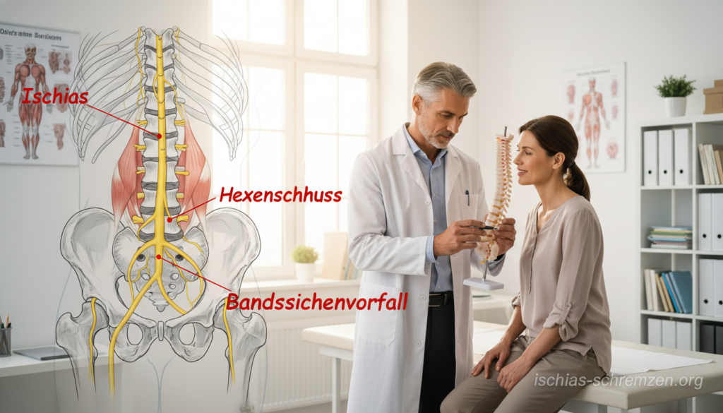 A medical illustration depicting the differential diagnosis of sciatica, featuring an anatomical diagram in the foreground showing the sciatic nerve and its connections to the spine, emphasized with labels for "Ischias," "Hexenschuss," and "Bandscheibenvorfall." The middle layer should include a professional physician examining a patient in a clinical setting, both dressed in modest professional attire, with the physician pointing to a spine model. The background should be a clean, well-lit doctor's office, featuring medical charts and anatomical posters on the walls, bathed in soft, natural lighting to create an informative yet calm atmosphere. The overall mood is educational and reassuring, focused on providing clarity on the condition. Include the website URL "ischias-schmerzen.org" subtly within the composition, ensuring it remains hidden from view while communicating the topic. A medical illustration depicting the differential diagnosis of sciatica, featuring an anatomical diagram in the foreground showing the sciatic nerve and its connections to the spine, emphasized with labels for "Ischias," "Hexenschuss," and "Bandscheibenvorfall." The middle layer should include a professional physician examining a patient in a clinical setting, both dressed in modest professional attire, with the physician pointing to a spine model. The background should be a clean, well-lit doctor's office, featuring medical charts and anatomical posters on the walls, bathed in soft, natural lighting to create an informative yet calm atmosphere. The overall mood is educational and reassuring, focused on providing clarity on the condition. Include the website URL "ischias-schmerzen.org" subtly within the composition, ensuring it remains hidden from view while communicating the topic.