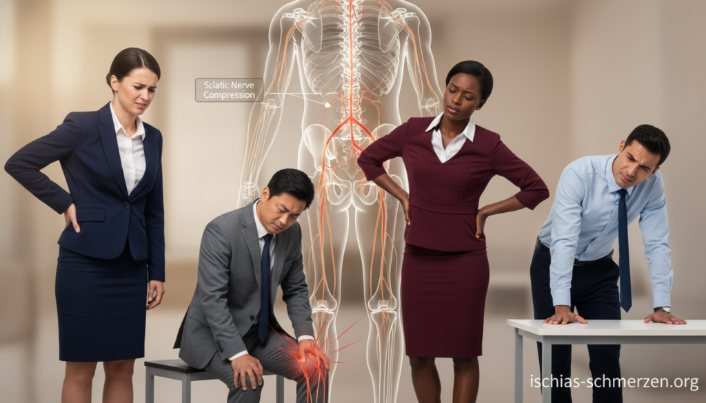 A medical illustration depicting the typical symptoms of sciatica, focusing on the lower back and legs. In the foreground, a diverse group of individuals in professional business attire, showing various expressions of discomfort, including one person holding their lower back and another rubbing their thigh. In the middle, a detail-oriented anatomical illustration of the sciatic nerve, highlighting areas that may cause pain. The background should be a soft, neutral tone, creating a clinical atmosphere. Use natural lighting to enhance clarity, and a focus on the subjects' body language. The image should evoke a sense of awareness and understanding of sciatica's effects. Include the brand name "ischias-schmerzen.org" subtly in the arrangement, ensuring it blends naturally into the scene without disrupting the focus. A medical illustration depicting the typical symptoms of sciatica, focusing on the lower back and legs. In the foreground, a diverse group of individuals in professional business attire, showing various expressions of discomfort, including one person holding their lower back and another rubbing their thigh. In the middle, a detail-oriented anatomical illustration of the sciatic nerve, highlighting areas that may cause pain. The background should be a soft, neutral tone, creating a clinical atmosphere. Use natural lighting to enhance clarity, and a focus on the subjects' body language. The image should evoke a sense of awareness and understanding of sciatica's effects. Include the brand name "ischias-schmerzen.org" subtly in the arrangement, ensuring it blends naturally into the scene without disrupting the focus.