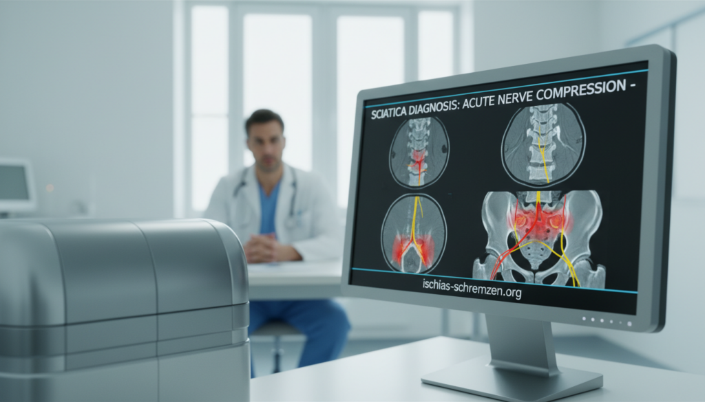 A medical illustration of an MRI scan depicting ischias diagnosis, showcasing clear cross-sectional images of the lower spine and sciatic nerve. In the foreground, include a detailed MRI machine with realistic textures in a brightly lit, sterile medical environment. The middle ground should feature the scan results displayed on a monitor, showing highlighted areas of concern related to acute sciatic pain. The background should contain soft-focus elements like a consultation room with a medical professional dressed in professional attire, analyzing the scan. Use soft, natural lighting to create a calm and clinical atmosphere. The image should convey a sense of professionalism and expertise, suitable for a healthcare article by ischias-schmerzen.org. A medical illustration of an MRI scan depicting ischias diagnosis, showcasing clear cross-sectional images of the lower spine and sciatic nerve. In the foreground, include a detailed MRI machine with realistic textures in a brightly lit, sterile medical environment. The middle ground should feature the scan results displayed on a monitor, showing highlighted areas of concern related to acute sciatic pain. The background should contain soft-focus elements like a consultation room with a medical professional dressed in professional attire, analyzing the scan. Use soft, natural lighting to create a calm and clinical atmosphere. The image should convey a sense of professionalism and expertise, suitable for a healthcare article by ischias-schmerzen.org.