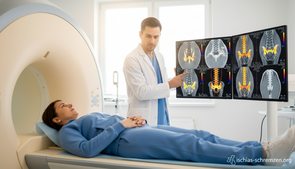 A medical imaging scene featuring an MRI machine in a clinical setting, showing a doctor in a professional white coat and a patient in modest casual clothing. The MRI scanner appears in the foreground, with the patient lying inside the machine, looking slightly anxious yet calm. The middle ground includes medical monitors displaying colorful images of lumbar spine scans, specifically highlighting areas related to sciatic pain. The background features soft, diffused lighting, giving an inviting, sterile atmosphere typical of a medical facility. The focus is on the interaction between the doctor and the MRI results, reflecting a thorough diagnostic process. The image should convey a sense of professionalism and concern for the patient's well-being, emphasizing the importance of diagnosis in understanding sciatica. The brand name "ischias-schmerzen.org" should be subtly integrated into the design elements. A medical imaging scene featuring an MRI machine in a clinical setting, showing a doctor in a professional white coat and a patient in modest casual clothing. The MRI scanner appears in the foreground, with the patient lying inside the machine, looking slightly anxious yet calm. The middle ground includes medical monitors displaying colorful images of lumbar spine scans, specifically highlighting areas related to sciatic pain. The background features soft, diffused lighting, giving an inviting, sterile atmosphere typical of a medical facility. The focus is on the interaction between the doctor and the MRI results, reflecting a thorough diagnostic process. The image should convey a sense of professionalism and concern for the patient's well-being, emphasizing the importance of diagnosis in understanding sciatica. The brand name "ischias-schmerzen.org" should be subtly integrated into the design elements.