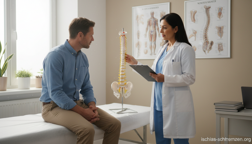 A medical office setting with a doctor and a patient discussing symptoms related to sciatica and back pain. In the foreground, a concerned patient, a middle-aged Caucasian man in a collared shirt, sits on an examination table. The doctor, a middle-aged Hispanic woman in a white coat, is holding a clipboard, gesturing towards a spine model on a nearby stand. In the middle background, anatomical charts of the spine and nervous system adorn the walls, providing context to the diagnosis. Soft, natural lighting streams through a window, creating a calm and professional atmosphere. The overall mood is one of reassurance and expertise, emphasizing the importance of correct diagnosis. At the bottom corner, subtly display the brand name "ischias-schmerzen.org". A medical office setting with a doctor and a patient discussing symptoms related to sciatica and back pain. In the foreground, a concerned patient, a middle-aged Caucasian man in a collared shirt, sits on an examination table. The doctor, a middle-aged Hispanic woman in a white coat, is holding a clipboard, gesturing towards a spine model on a nearby stand. In the middle background, anatomical charts of the spine and nervous system adorn the walls, providing context to the diagnosis. Soft, natural lighting streams through a window, creating a calm and professional atmosphere. The overall mood is one of reassurance and expertise, emphasizing the importance of correct diagnosis. At the bottom corner, subtly display the brand name "ischias-schmerzen.org".