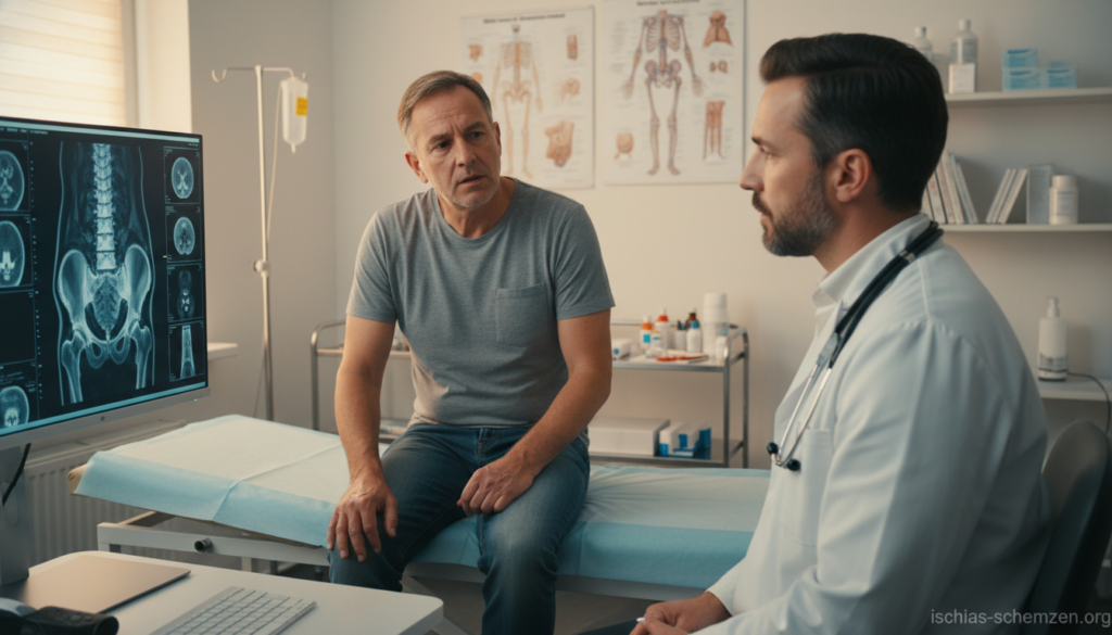 A medical professional in a modern clinic examining a patient with chronic sciatic pain, focusing on the lumbar spine area. The foreground features the doctor, dressed in a white coat, with a stethoscope around their neck, looking intently at an MRI scan displayed on a screen. The middle layer shows the patient, a middle-aged individual in modest casual attire, seated on an examination table, with a concerned expression. The background reveals a well-equipped medical office, with anatomical charts of the spine and medical instruments neatly arranged. Soft, warm lighting creates a reassuring atmosphere, highlighting the seriousness of the situation while maintaining a hopeful tone. The overall composition aims to convey a professional yet compassionate approach to discussing non-surgical options versus the need for an operation. The brand name is incorporated subtly into the design: "ischias-schmerzen.org." A medical professional in a modern clinic examining a patient with chronic sciatic pain, focusing on the lumbar spine area. The foreground features the doctor, dressed in a white coat, with a stethoscope around their neck, looking intently at an MRI scan displayed on a screen. The middle layer shows the patient, a middle-aged individual in modest casual attire, seated on an examination table, with a concerned expression. The background reveals a well-equipped medical office, with anatomical charts of the spine and medical instruments neatly arranged. Soft, warm lighting creates a reassuring atmosphere, highlighting the seriousness of the situation while maintaining a hopeful tone. The overall composition aims to convey a professional yet compassionate approach to discussing non-surgical options versus the need for an operation. The brand name is incorporated subtly into the design: "ischias-schmerzen.org."
