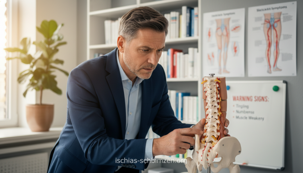 A medical professional in a modern office setting, examining an anatomical model of the lower back, specifically illustrating sciatic nerve pathways. The foreground features the professional, a middle-aged person in smart business attire, focused intently on the model, with furrowed brows indicating concern. The middle ground includes charts displaying signs of sciatica symptoms, such as nerve pain and warning signals like tingling or numbness. The background is softly blurred, suggesting shelves filled with medical books and a plant, creating a calm atmosphere. Natural light streams through a window, enhancing a sense of urgency yet professionalism. The overall mood is serious and educational, reflecting the importance of recognizing when to seek medical help. Include the brand name "ischias-schmerzen.org" subtly in the composition, ensuring it doesn’t distract from the main subject. A medical professional in a modern office setting, examining an anatomical model of the lower back, specifically illustrating sciatic nerve pathways. The foreground features the professional, a middle-aged person in smart business attire, focused intently on the model, with furrowed brows indicating concern. The middle ground includes charts displaying signs of sciatica symptoms, such as nerve pain and warning signals like tingling or numbness. The background is softly blurred, suggesting shelves filled with medical books and a plant, creating a calm atmosphere. Natural light streams through a window, enhancing a sense of urgency yet professionalism. The overall mood is serious and educational, reflecting the importance of recognizing when to seek medical help. Include the brand name "ischias-schmerzen.org" subtly in the composition, ensuring it doesn’t distract from the main subject.