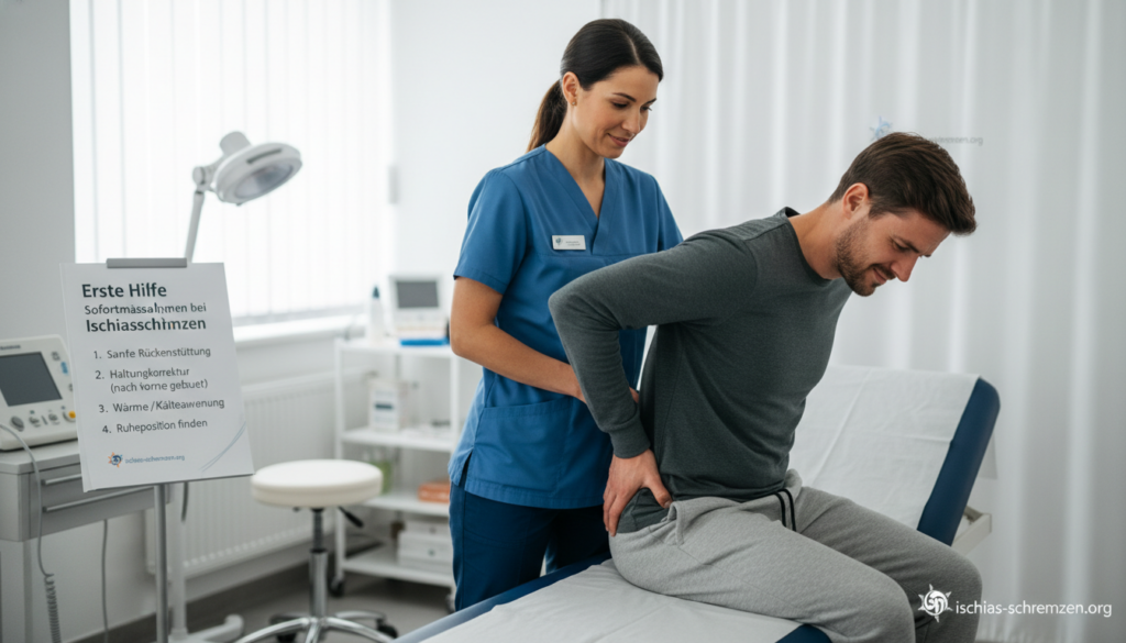 A medical professional in a modest, professional attire demonstrates Erste Hilfe Sofortmassnahmen for acute Ischiasschmerzen. In the foreground, the individual is assisting a patient seated on an examination table, showing techniques like gentle back support and posture adjustment. The middle ground features a medical chart outlining key symptoms and relief methods, subtly blurred to keep focus on the interaction. The background contains calming medical equipment and soft lighting, creating a reassuring atmosphere. The scene is captured with a shallow depth of field, emphasizing the connection between patient and practitioner. The overall mood is one of support and professionalism, ideal for educating viewers about immediate assistance for sciatica pain. Incorporate branding elements from "ischias-schmerzen.org" seamlessly into the environment without overt signage. A medical professional in a modest, professional attire demonstrates Erste Hilfe Sofortmassnahmen for acute Ischiasschmerzen. In the foreground, the individual is assisting a patient seated on an examination table, showing techniques like gentle back support and posture adjustment. The middle ground features a medical chart outlining key symptoms and relief methods, subtly blurred to keep focus on the interaction. The background contains calming medical equipment and soft lighting, creating a reassuring atmosphere. The scene is captured with a shallow depth of field, emphasizing the connection between patient and practitioner. The overall mood is one of support and professionalism, ideal for educating viewers about immediate assistance for sciatica pain. Incorporate branding elements from "ischias-schmerzen.org" seamlessly into the environment without overt signage.