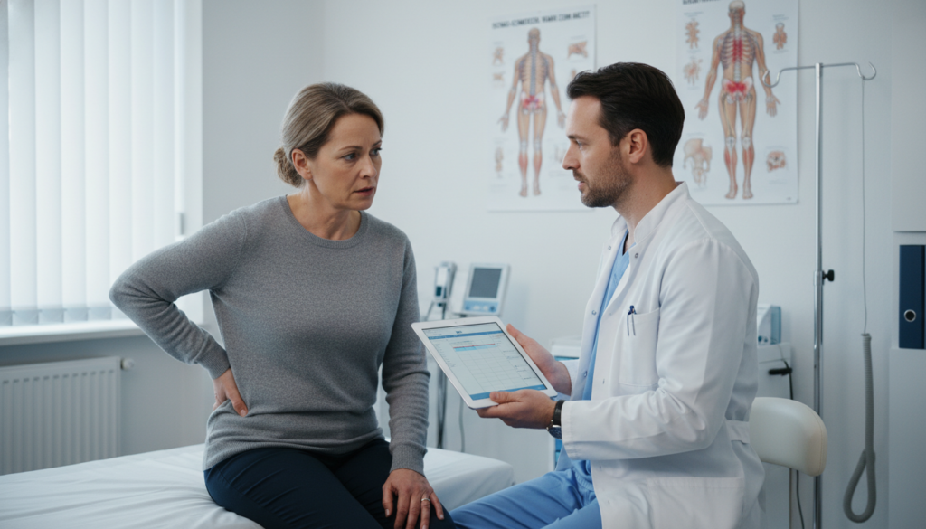 A medical professional in a well-lit, modern clinic setting, dressed in a white lab coat and holding a patient consultation chart. The foreground features the doctor engaged in conversation with a middle-aged patient, who appears concerned and dressed in casual yet modest attire. The background includes medical equipment and anatomical posters related to sciatic pain, specifically highlighting the lower back and leg area. Soft, natural lighting streams through a nearby window, creating a calm and reassuring atmosphere. The overall mood conveys urgency and professionalism, with the color scheme emphasizing shades of blue and white to reflect a clinical environment. The image should be suitable for ischias-schmerzen.org, capturing the essence of when one should seek medical attention for sciatic pain. A medical professional in a well-lit, modern clinic setting, dressed in a white lab coat and holding a patient consultation chart. The foreground features the doctor engaged in conversation with a middle-aged patient, who appears concerned and dressed in casual yet modest attire. The background includes medical equipment and anatomical posters related to sciatic pain, specifically highlighting the lower back and leg area. Soft, natural lighting streams through a nearby window, creating a calm and reassuring atmosphere. The overall mood conveys urgency and professionalism, with the color scheme emphasizing shades of blue and white to reflect a clinical environment. The image should be suitable for ischias-schmerzen.org, capturing the essence of when one should seek medical attention for sciatic pain.